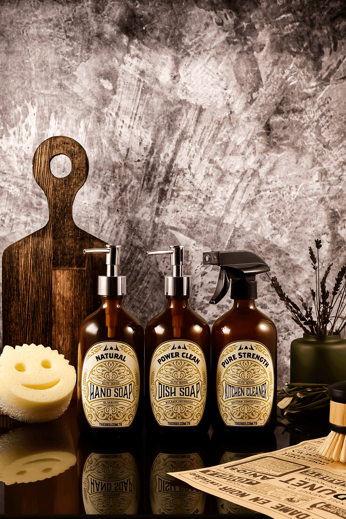 500ML Elite Serisi El Sabunu,Bulaşık Deterjanı ve Mutfak Temizleyici Sabunluk Seti