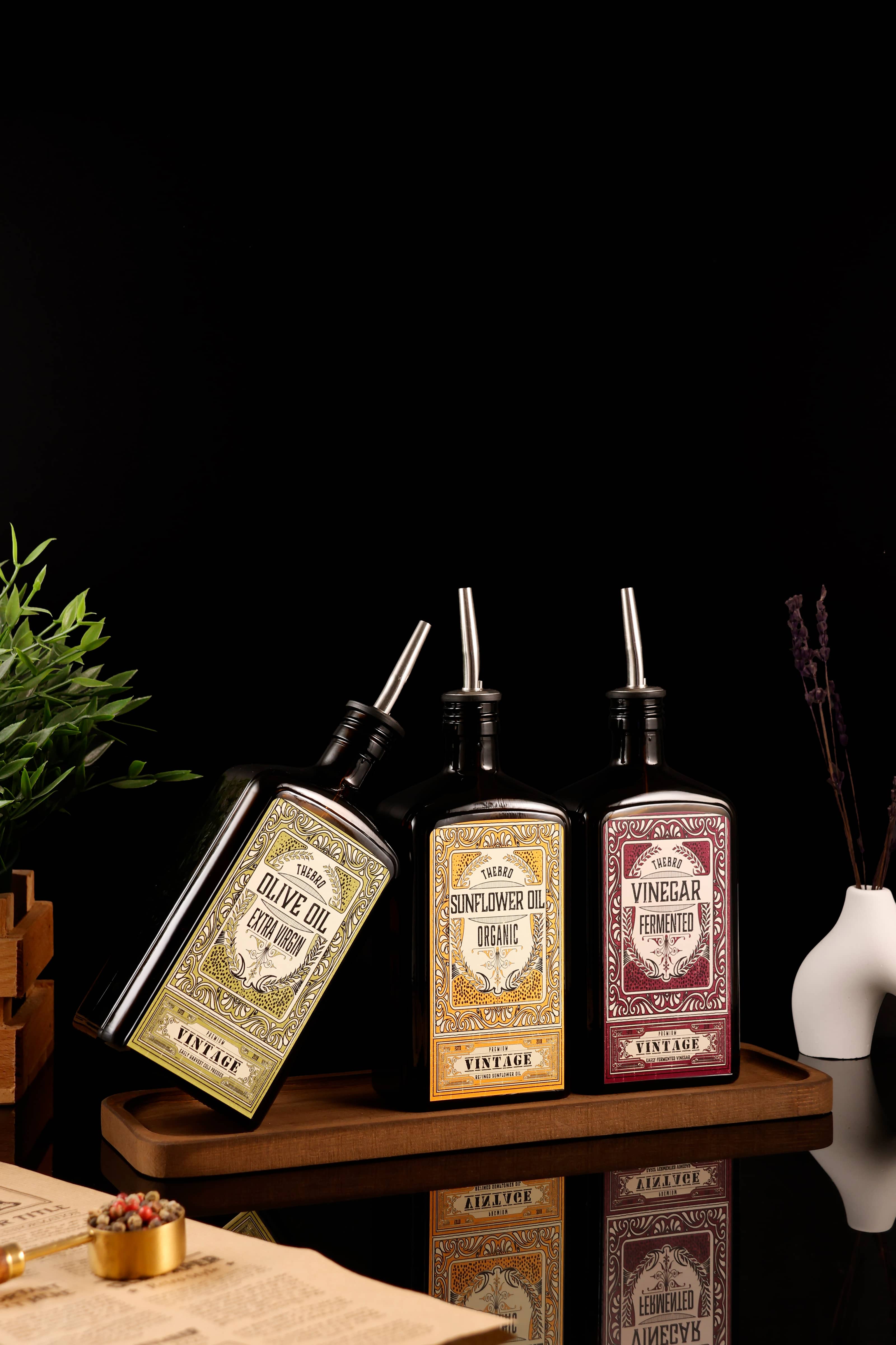 500ML Ahşap Stantlı New Premium Zeytinyağı,Ayçiçekyağı ve Sirke Şişesi 3'lü Set