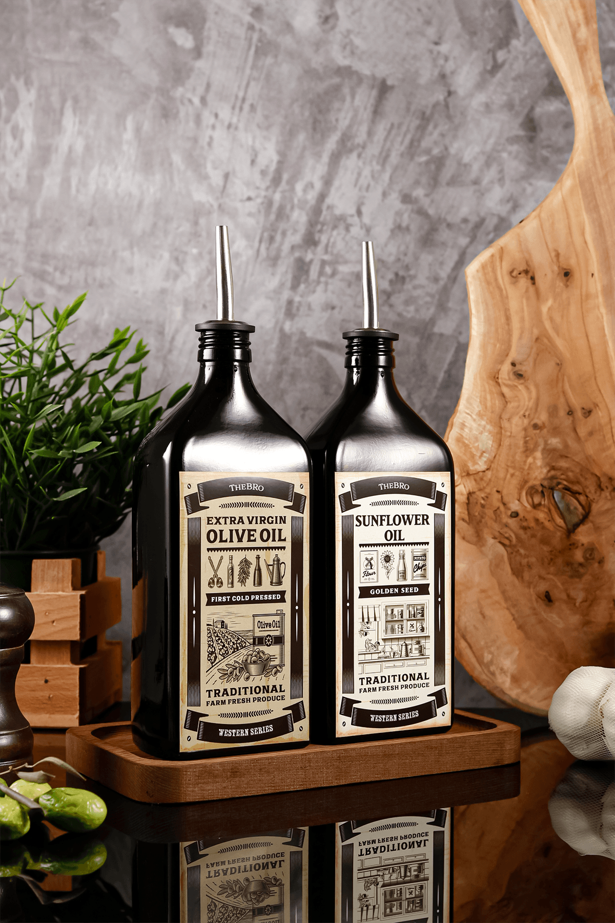 Western Serisi  500ML Amber Ahşap Stantlı Zeytinyağı Şişesi,Ayçiçek Yağı Şişesi Yağdanlık 