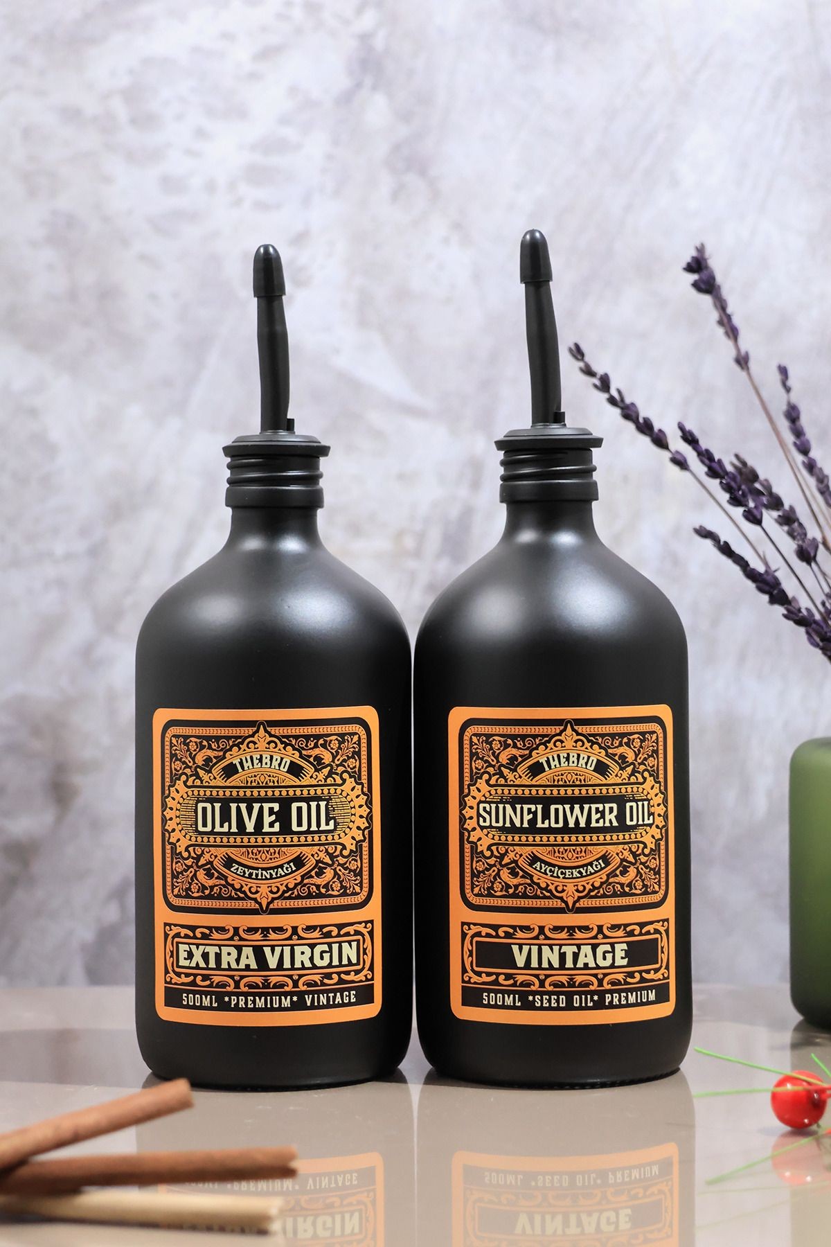 500ML Vintage Black Edition Serisi 2'li Set Zeytinyağı Şişesi Ayçiçek Yağı Şişesi