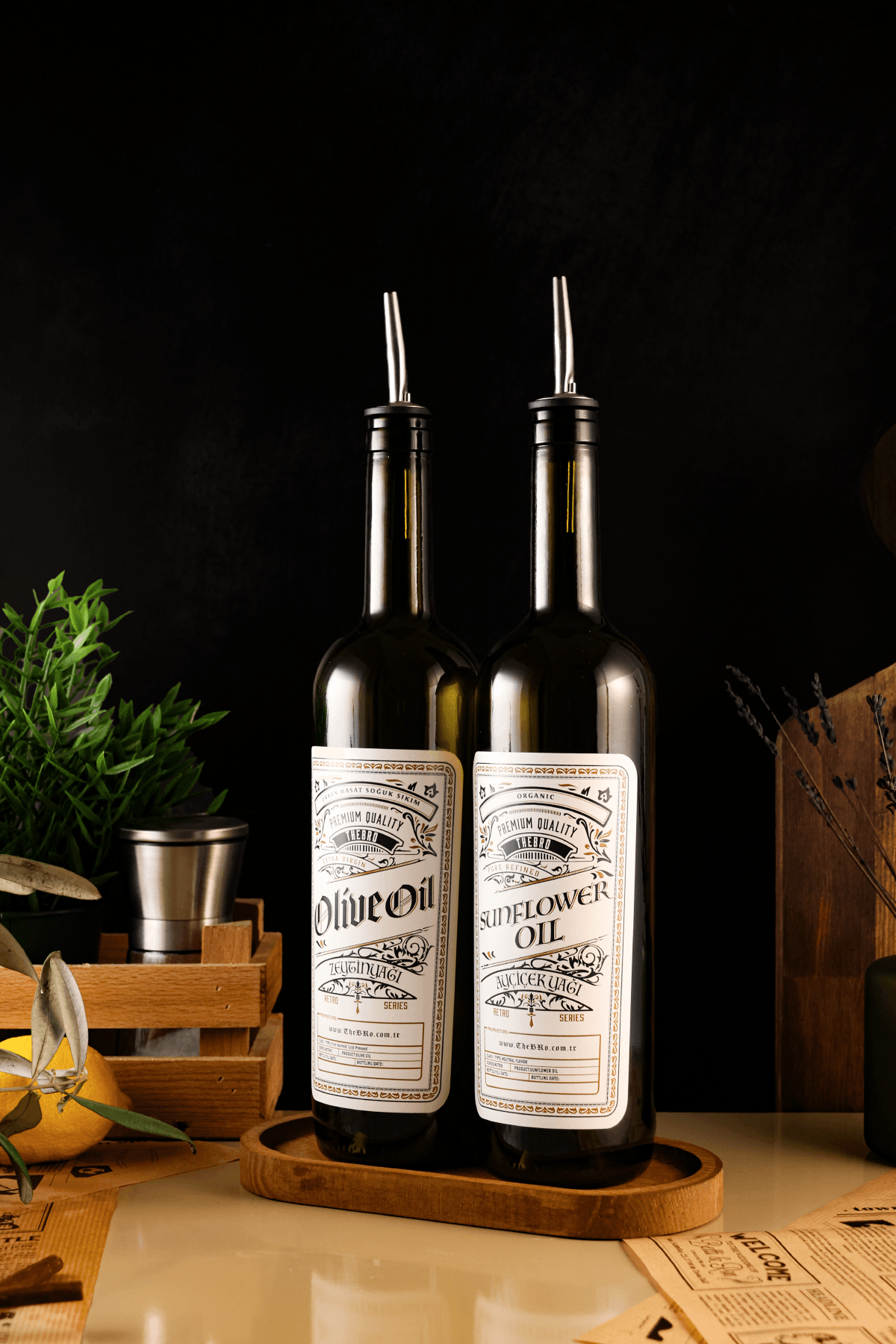 750ml Retro Serisi Ahşap Stantlı Zeytinyağı Şişesi,Ayçiçek Yağı Şişesi,