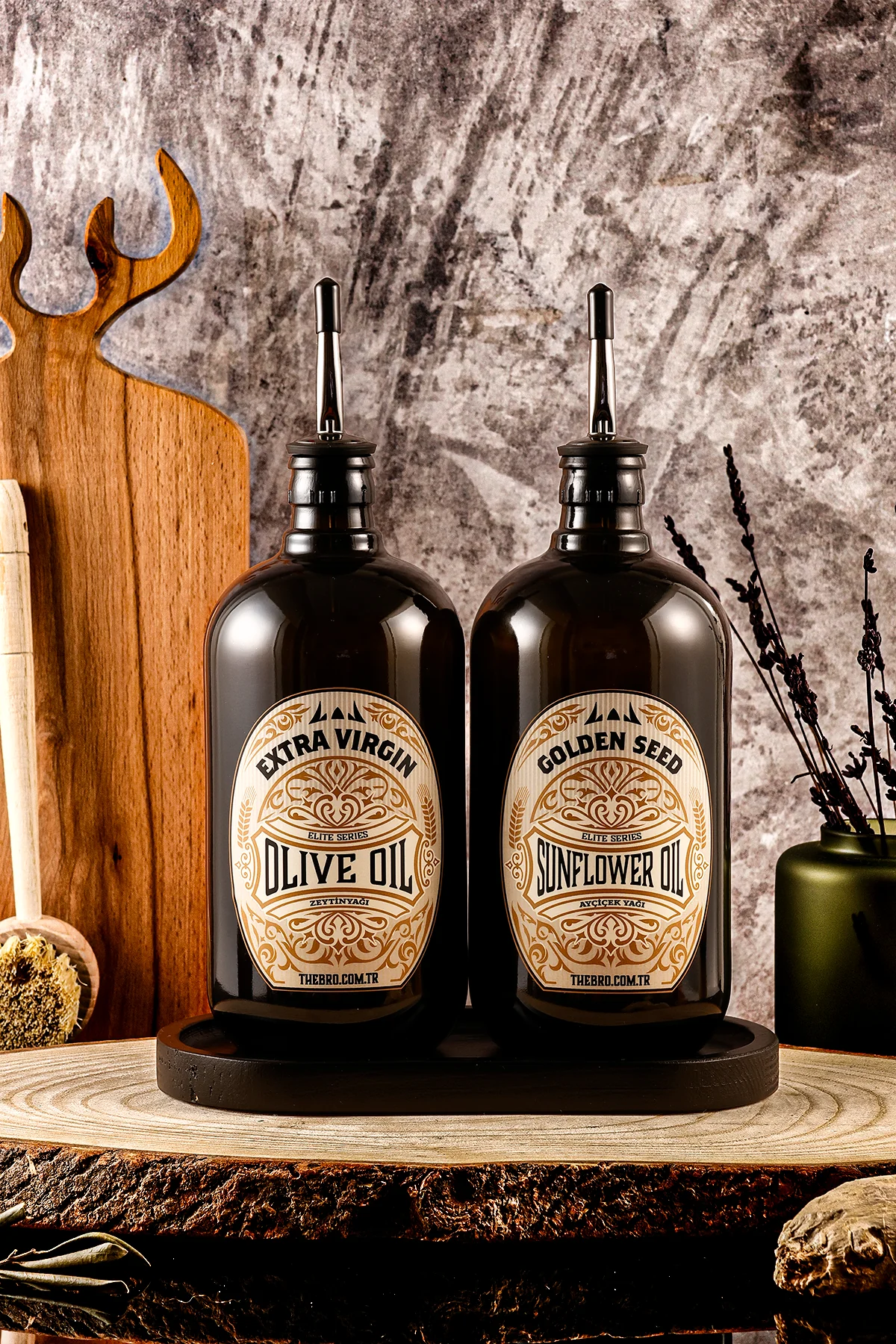750ML Mat Siyah Ahşap Stantlı Elite Serisi Zeytinyağı Şişesi ve Ayçiçek Yağı Şişesi Yağdanlık