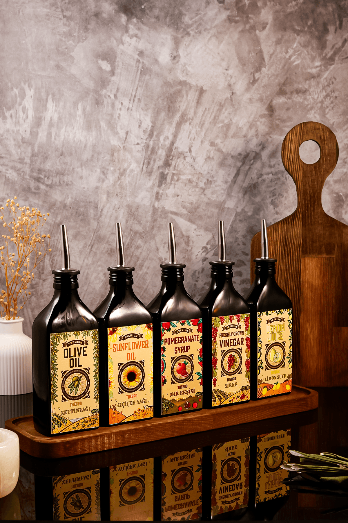 250ML Ahşap Stantlı Carmen Serisi Zeytinyağı,Ayçiçek Yağı, Sirke,Nar Ekşisi,Limon Suyu Set