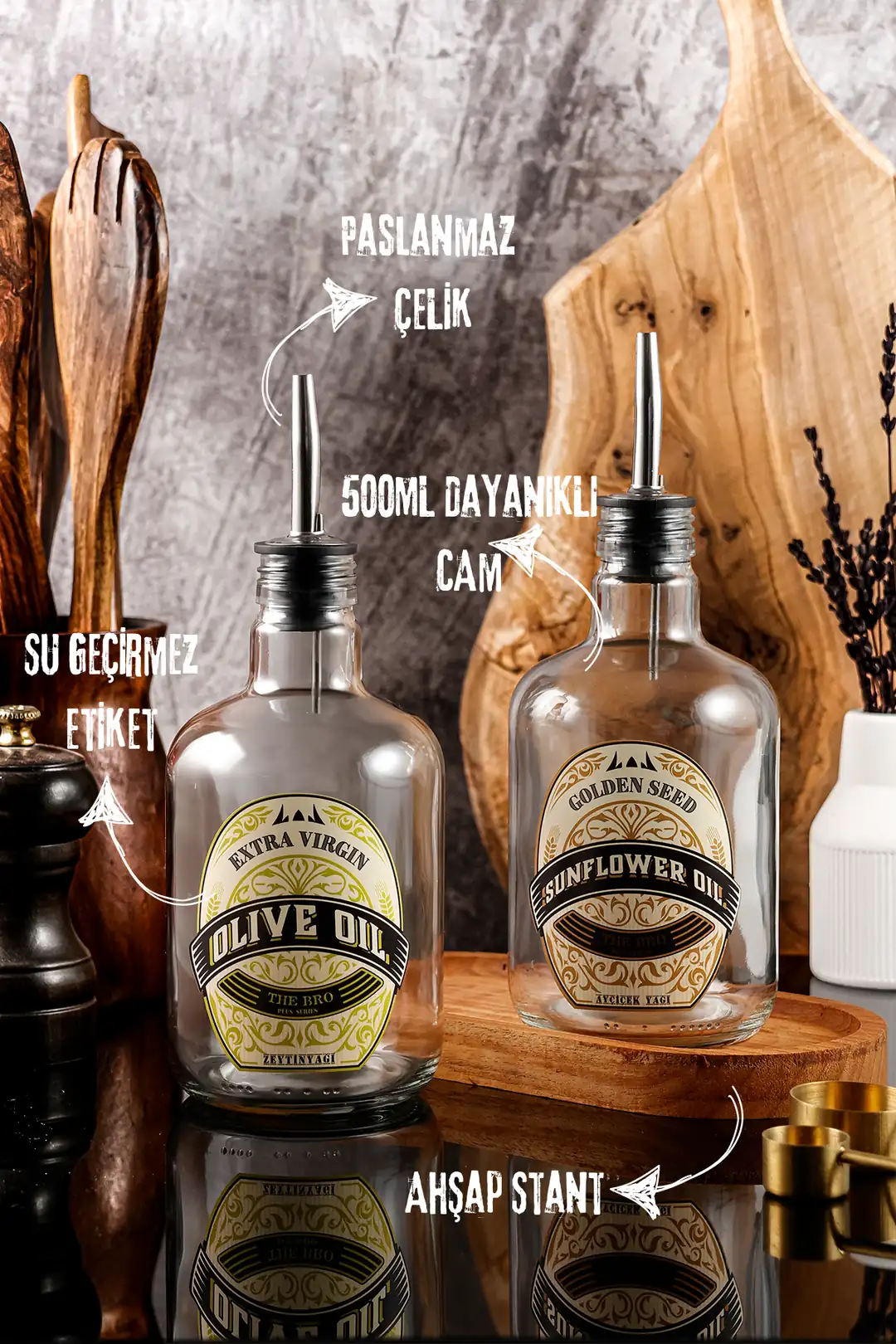 500ML Plus Serisi Ahşap Stantlı Şeffaf Zeytinyağı Şişesi,Ayçiçek