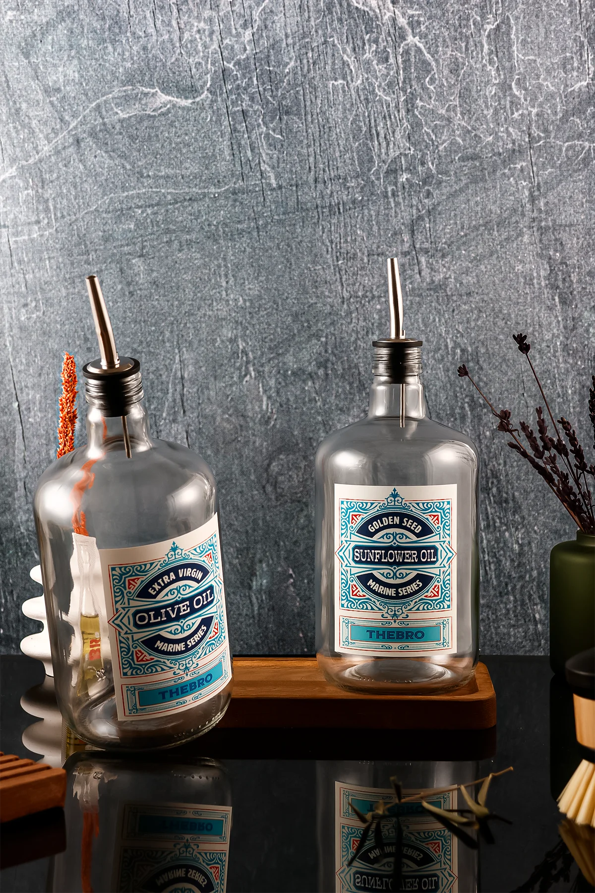 1 Litre Marine Serisi Ahşap Stantlı Şeffaf Zeytinyağı Şişes ve Ayçiçek Yağı Şişesi