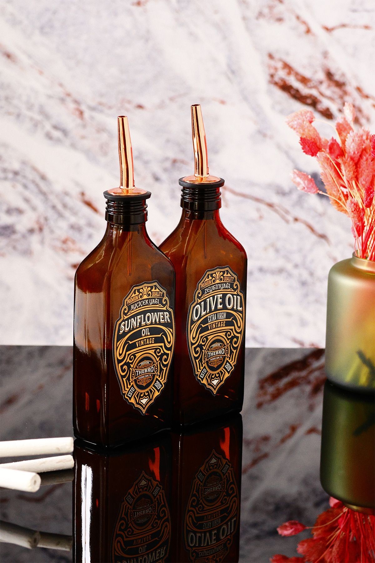 200ML Vintage  Amber Renkli Zeytinyağı Şişesi ve Ayçiçek Yağı Şişesi ,Yağdanlık, Rose Gold Dökücülü