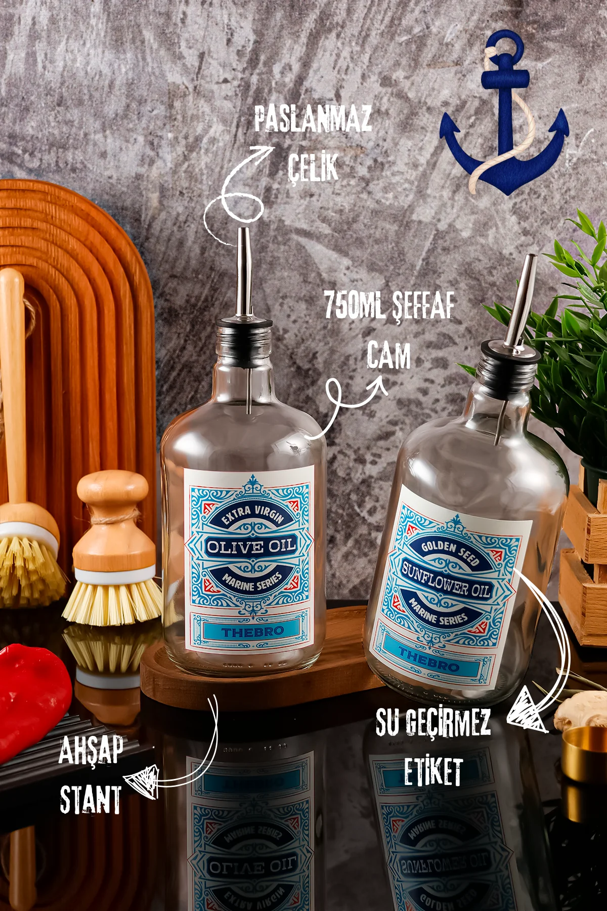 750ML Ahşap Stantlı Marine Serisi Şeffaf Cam Zeytinyağı Şişesi ve Ayçiçek Yağı Şişesi