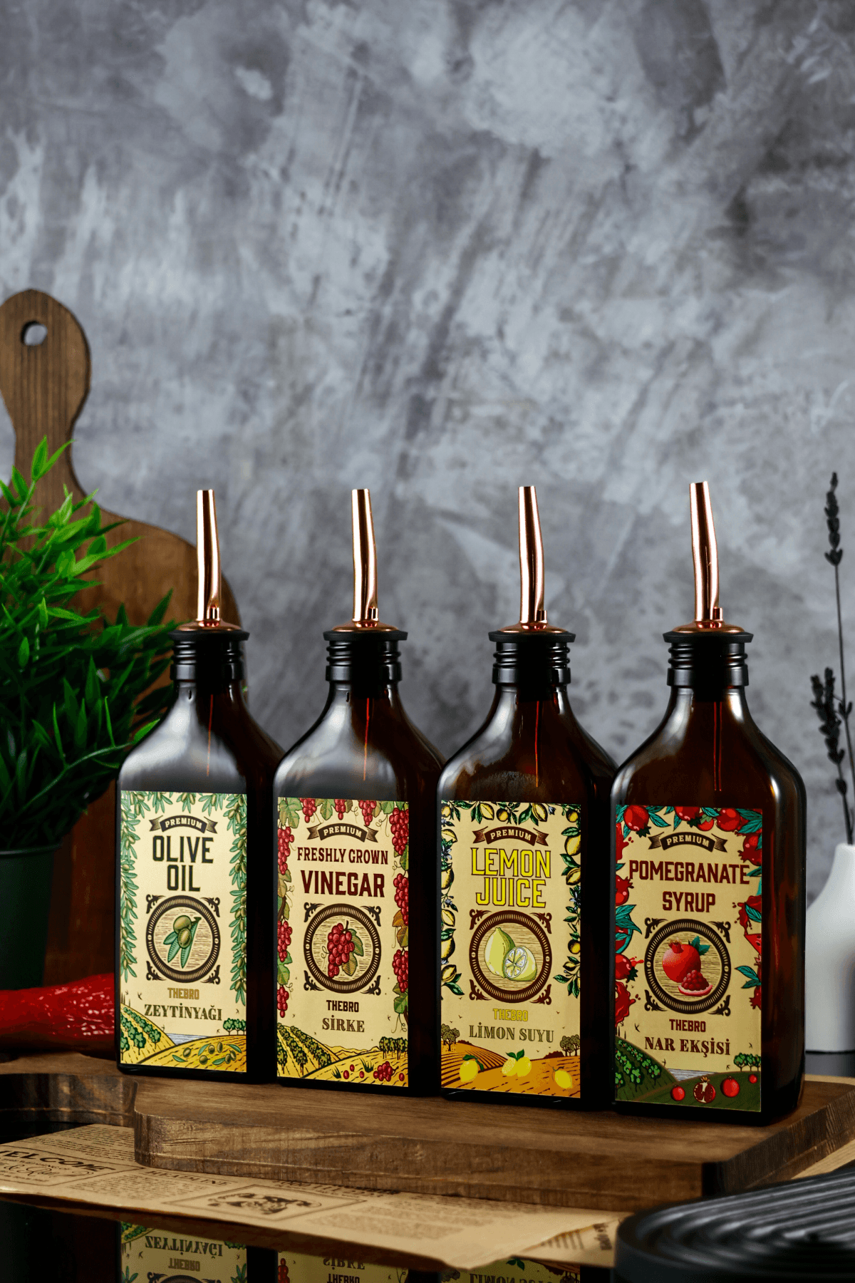 200ML Amber Renkli Carmen Serisi Zeytinyağı,Sirke,Limon,Nar Ekşisi Şişesi 4'lü Set
