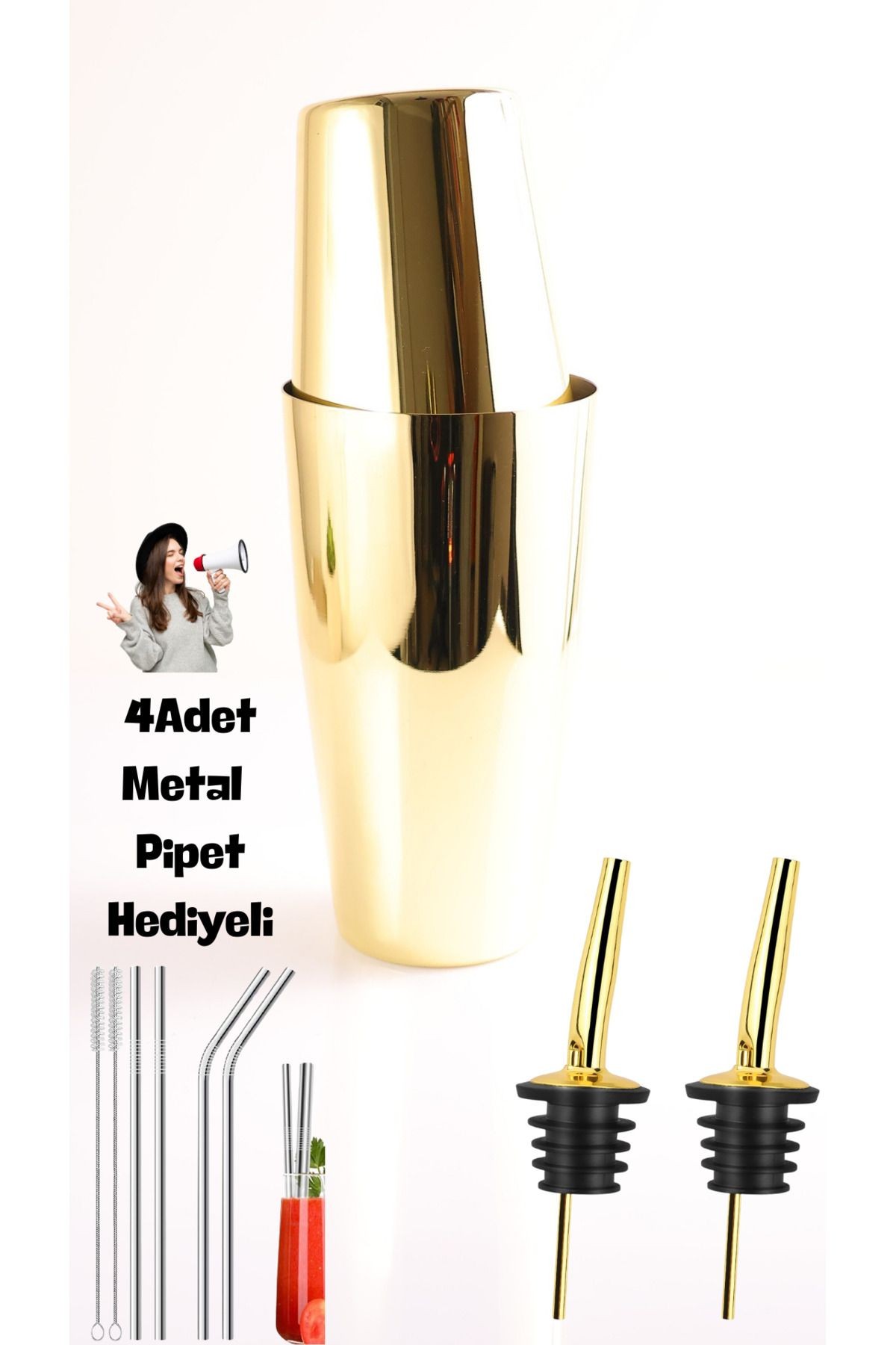 Gold Boston Shaker 850ml 2 Adet Gold Şişe Dökücü ve  4 Adet Metal Pipet