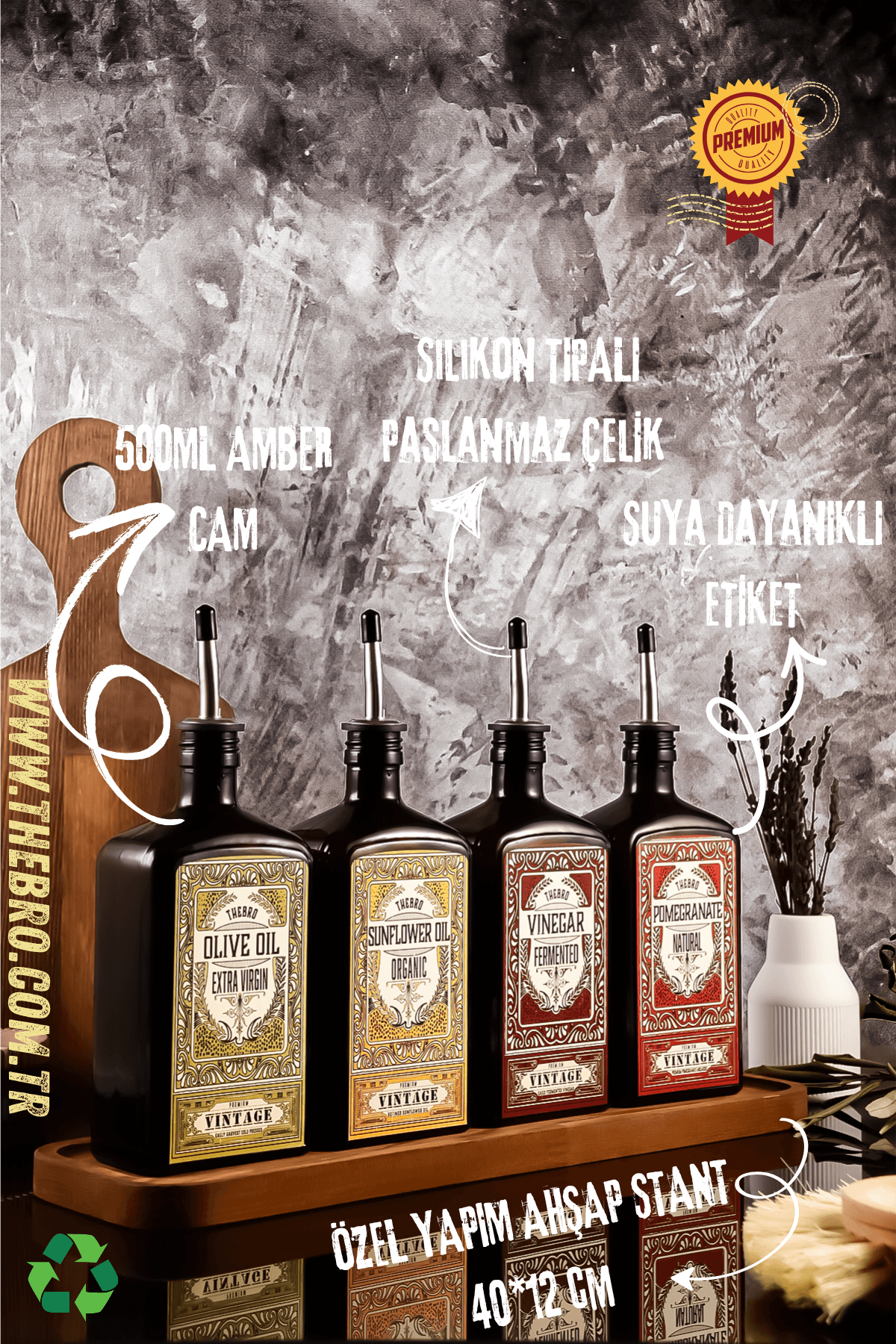 New Premium Serisi Ahşap Stantlı 500ML Zeytinyağı,Ayçiçek Yağı, Sirke, Nar Ekşisi Şisesi Set