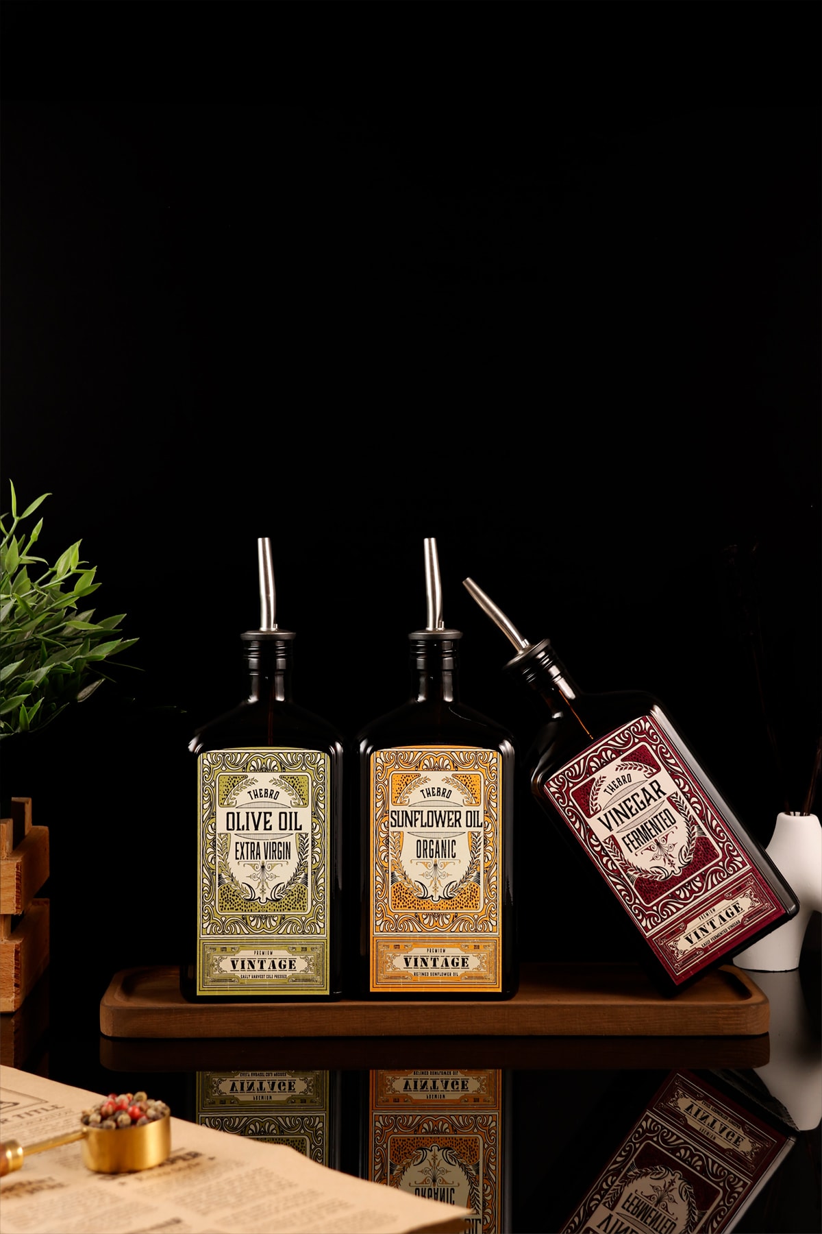 500ML Ahşap Stantlı New Premium Zeytinyağı,Ayçiçekyağı ve Sirke Şişesi 3'lü Set