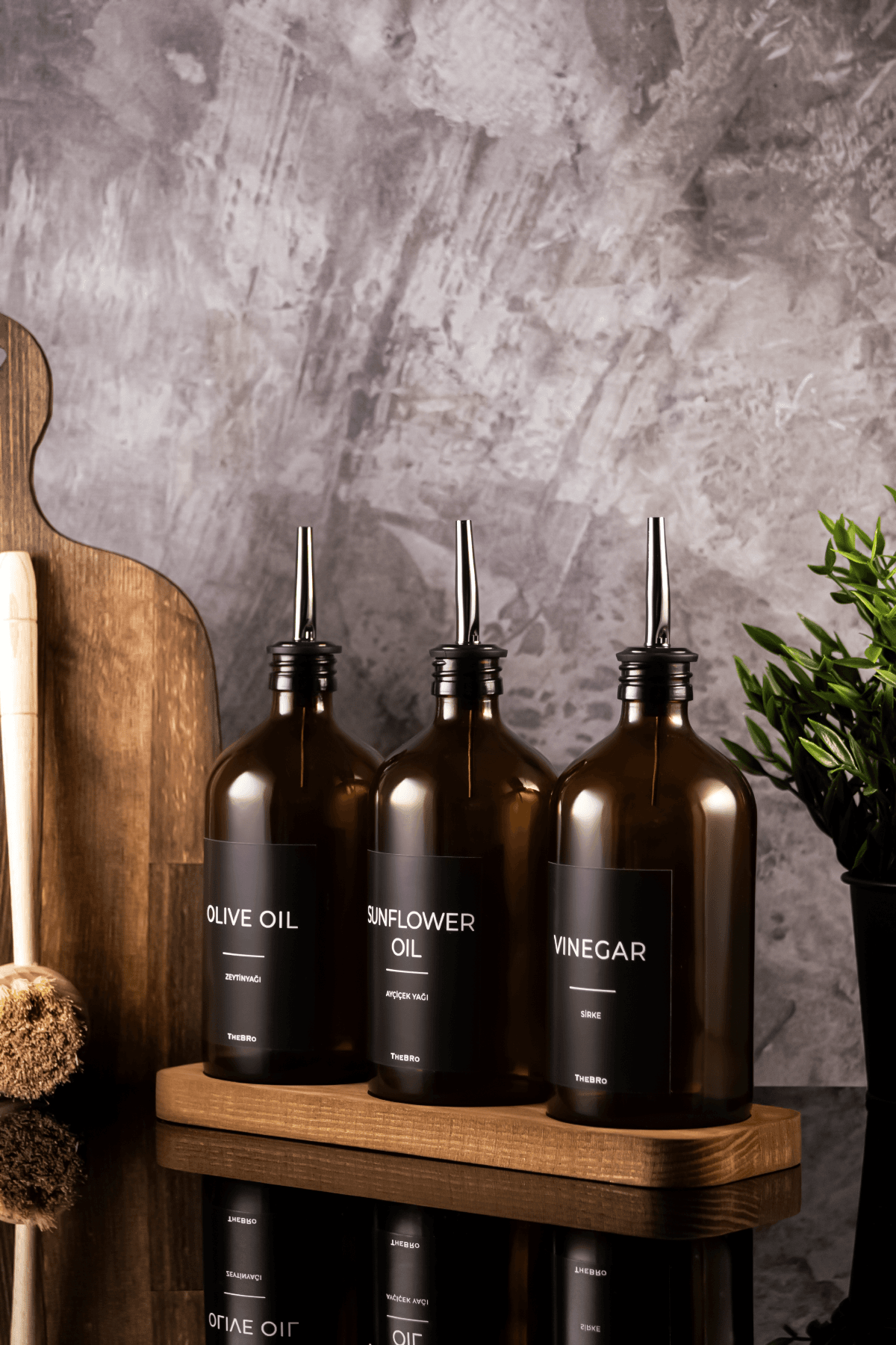 500ML Ahşap Stantlı Black Serisi Zeytinyağı,Ayçiçek Yağı, Sirke Şişesi 