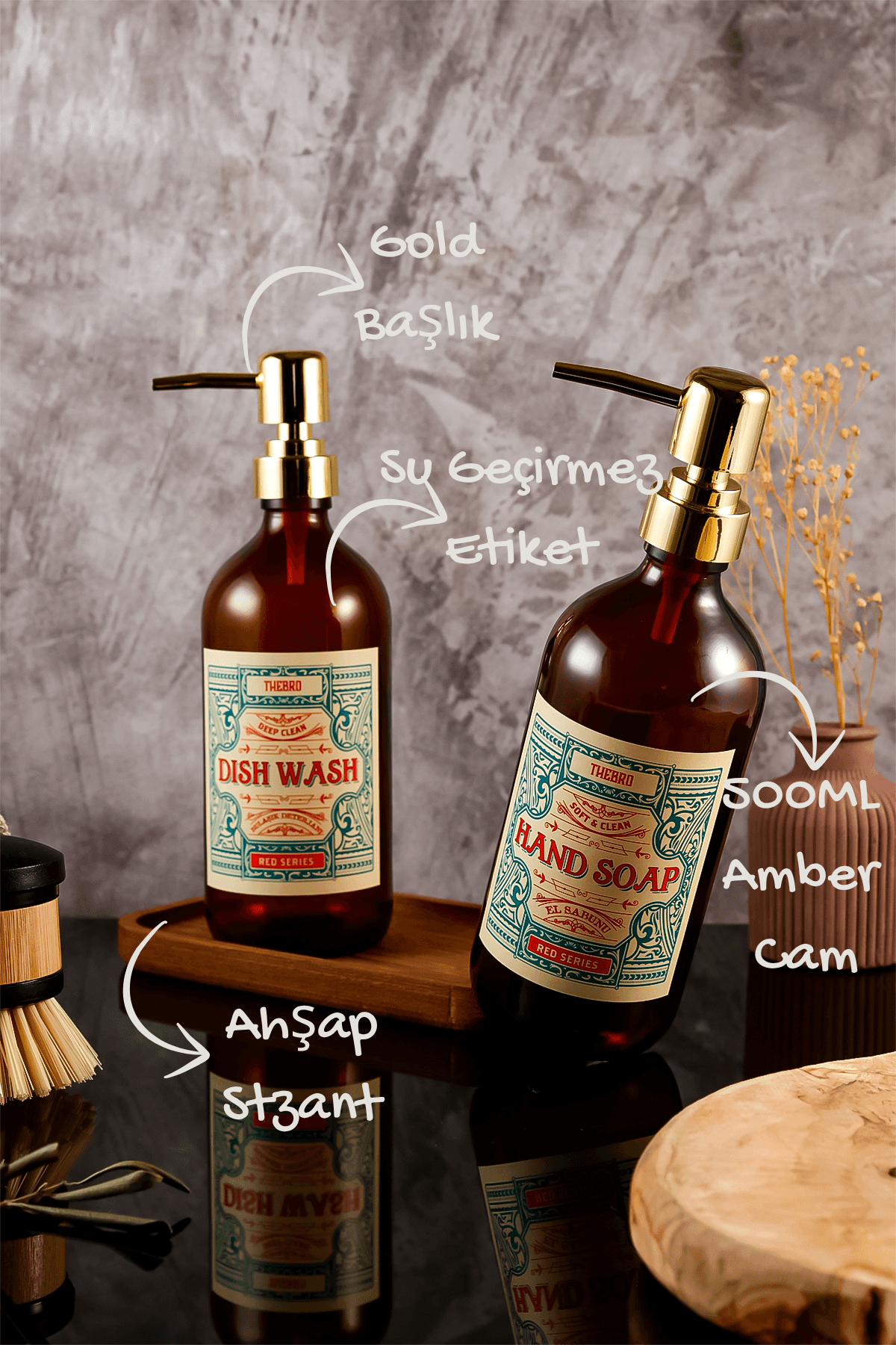 500ML Ahşap Stantlı Amber Renkli Red Serisi Gold Başlıklı El Sabunu ve Bulaşık Detarjanı Şişesi