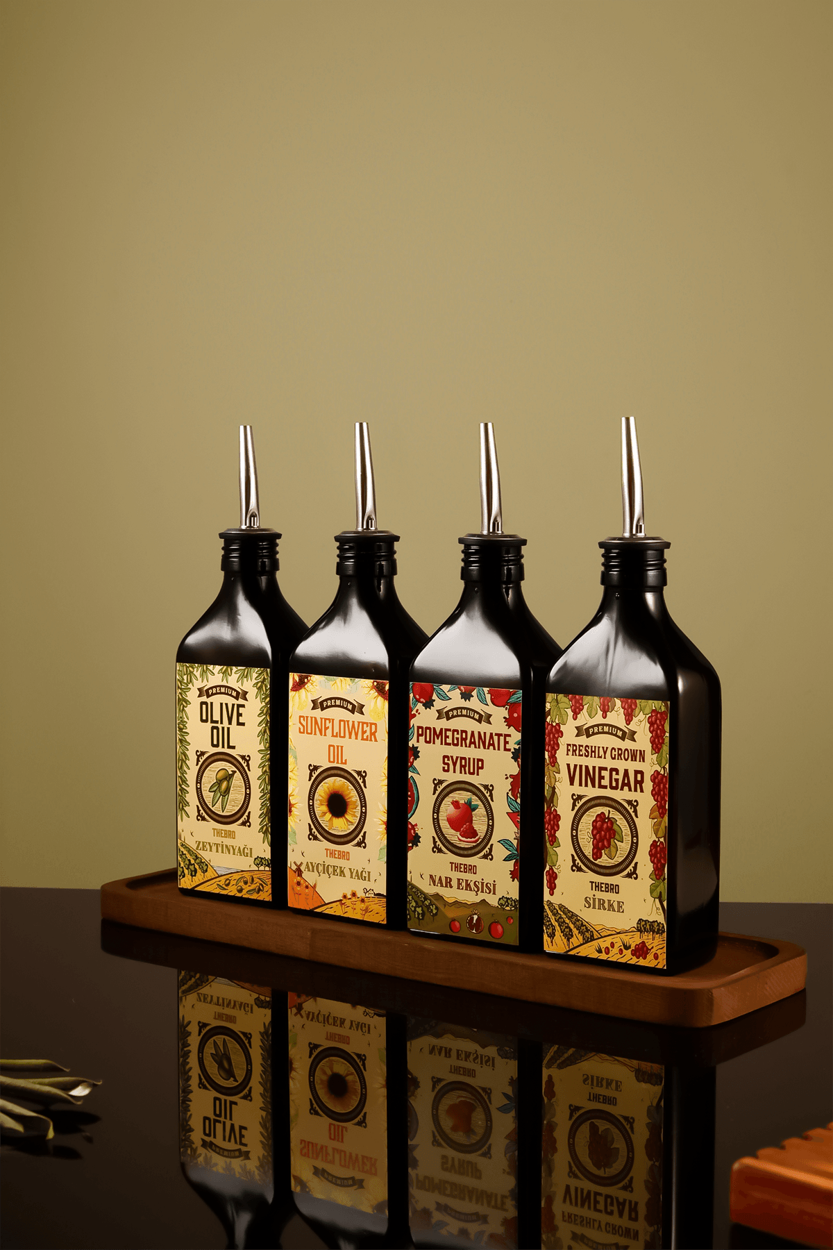 250ML Carmen Serisi Ahşap Stantlı Zeytinyağı,Ayçiçek Yağı, Nar Ekşisi, Sirke Şişesi Set 