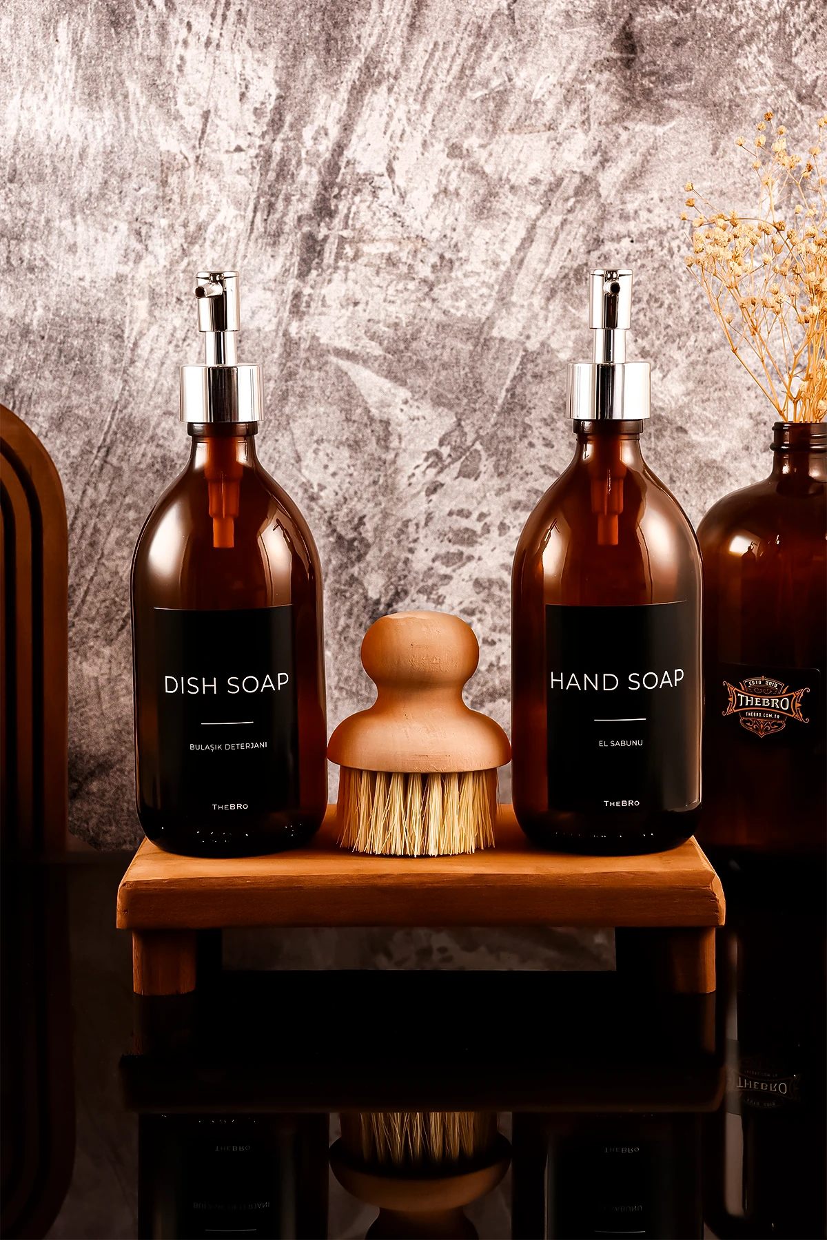500ML Black Serisi Ahşap Stantlı Fırçalı El Sabunu ve Bulaşık Deterjanı Sabunluk Seti  