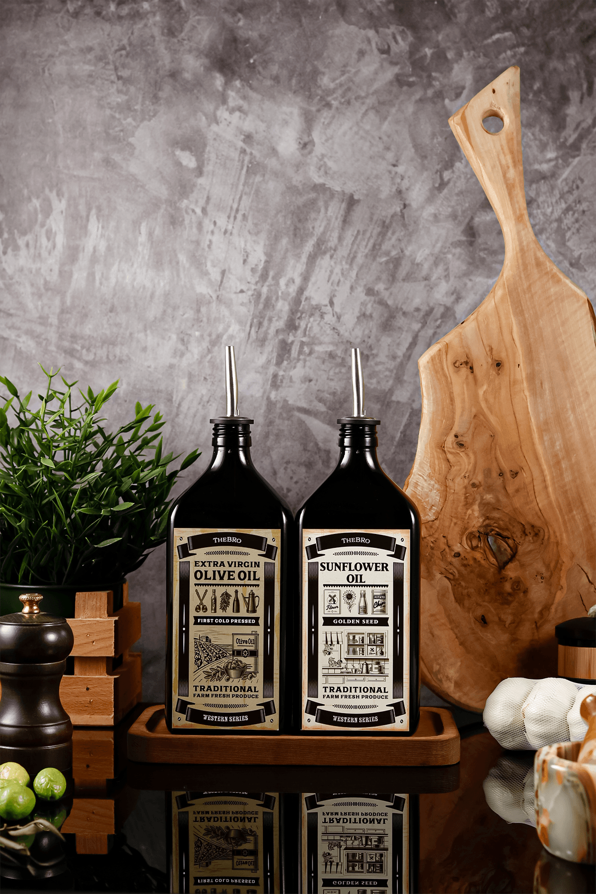 Western Serisi  500ML Amber Ahşap Stantlı Zeytinyağı Şişesi,Ayçiçek Yağı Şişesi Yağdanlık 