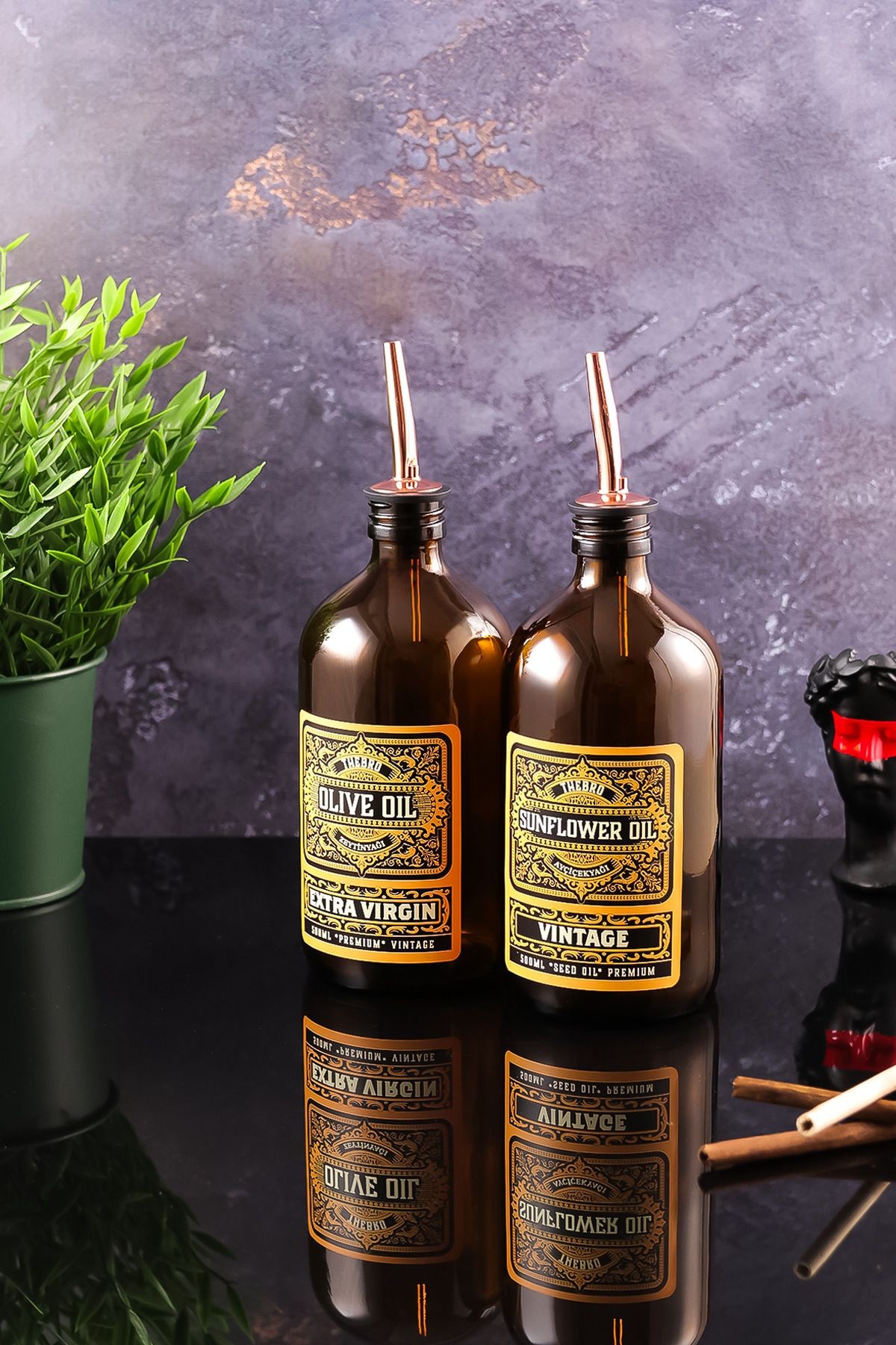 500ML Amber Renkli RoseGold Başlıklı Vintage Desenli Zeytinyağı Şişesi,Sıvıyağ Şişesi Yağdanlık