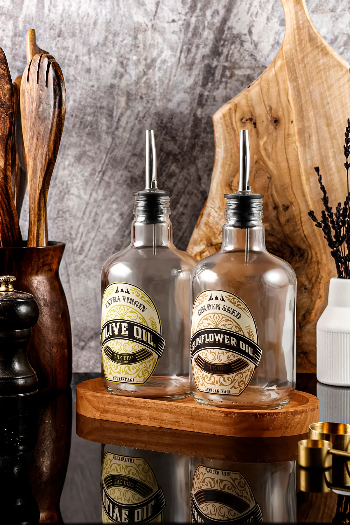 500ML Plus Serisi Ahşap Stantlı Şeffaf Zeytinyağı Şişesi,Ayçiçek