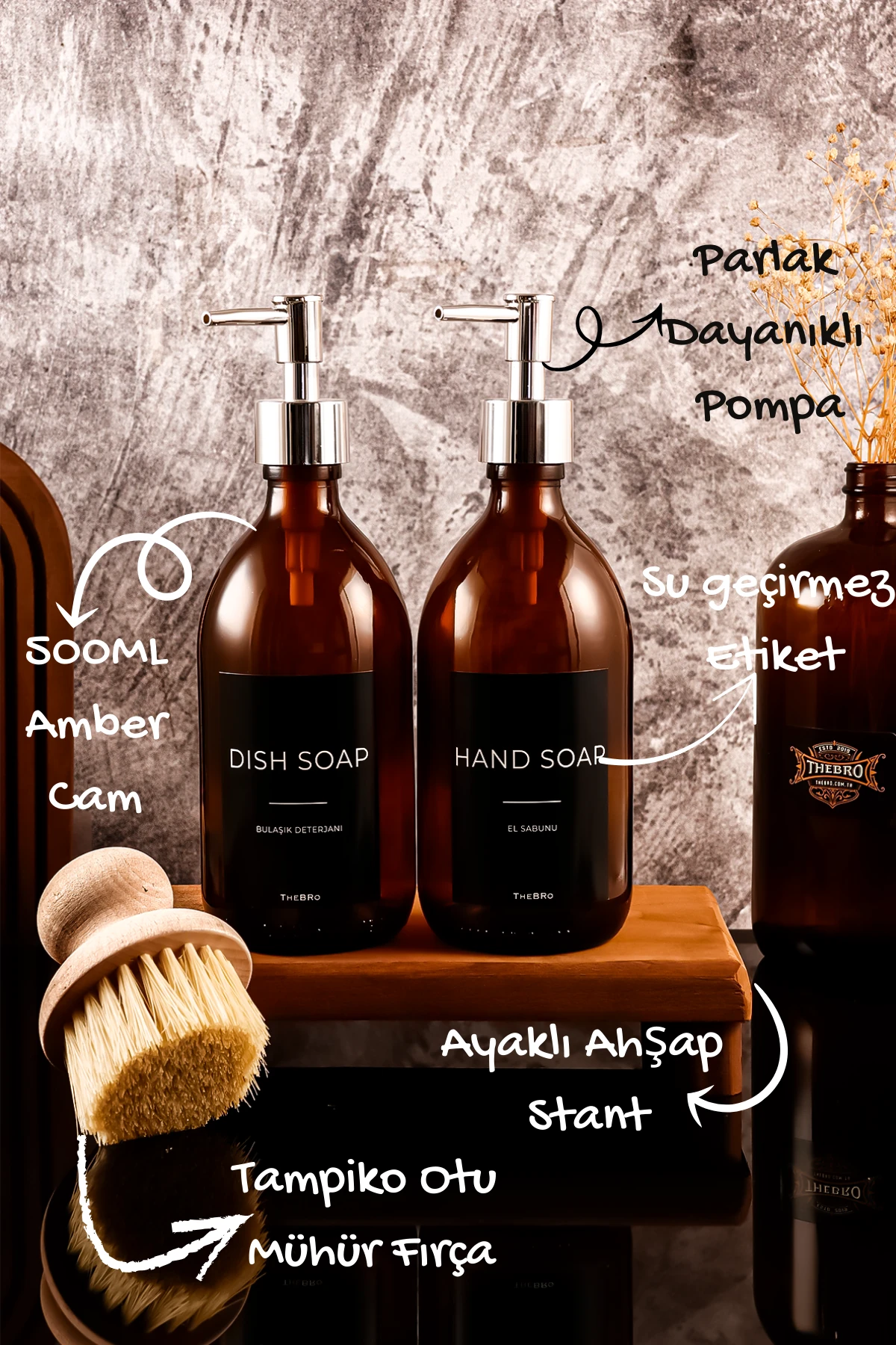 500ML Black Serisi Ahşap Stantlı Fırçalı El Sabunu ve Bulaşık Deterjanı Sabunluk Seti  