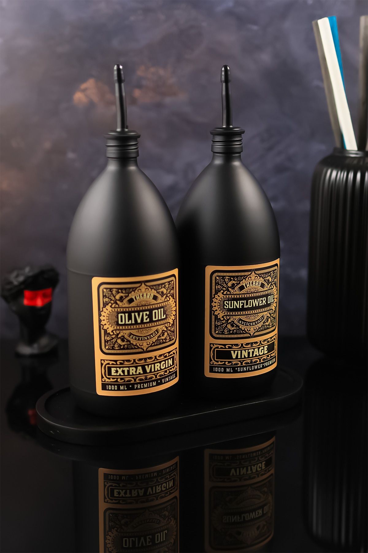 1 Litre Vintage Black Edition Mat Siyah Ahşap Stantlı Zeytinyağı Şişesi Ayçiçek Yağı Şişesi