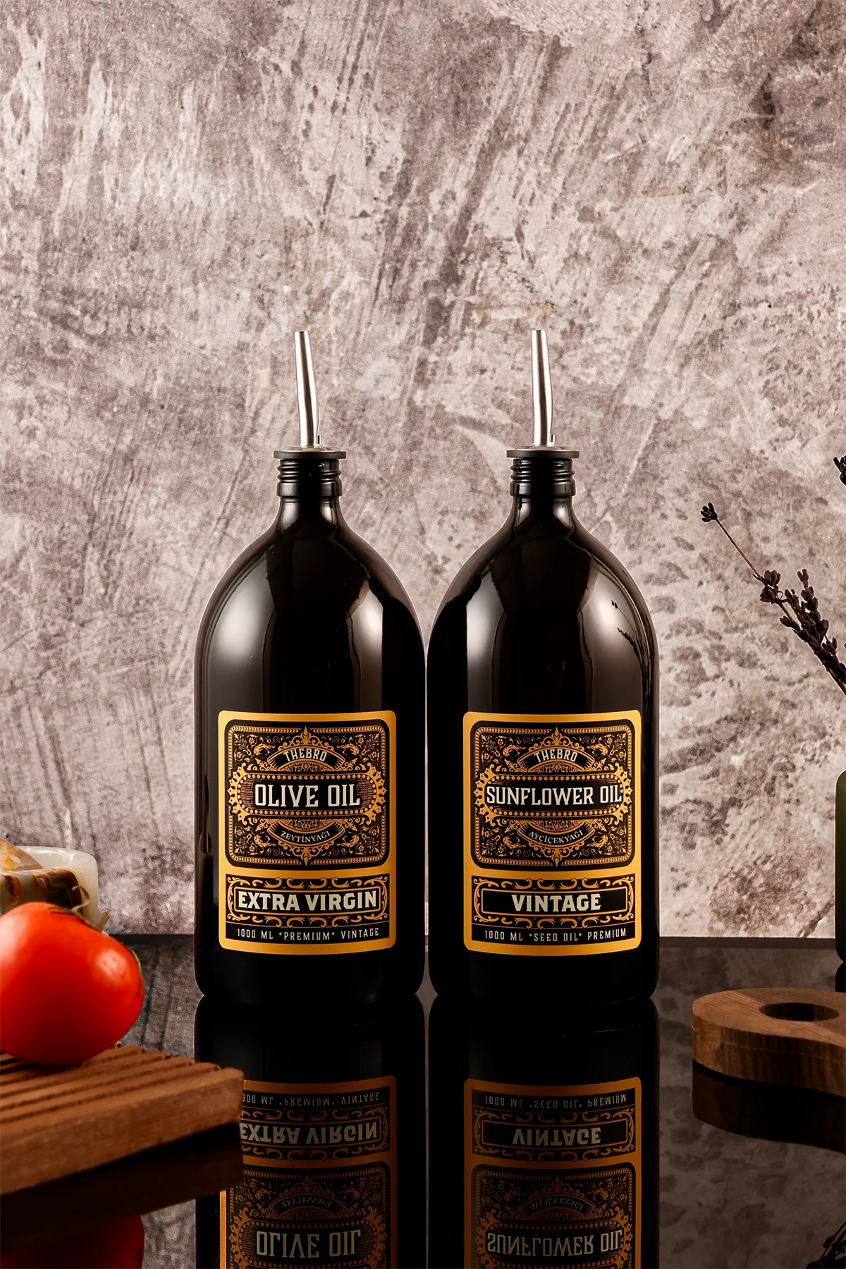  1lt Parlak Siyah  Renkli Cam Yağdanlık Zeytinyağı Sıvıyağ Şişesi Vintage Yağlık