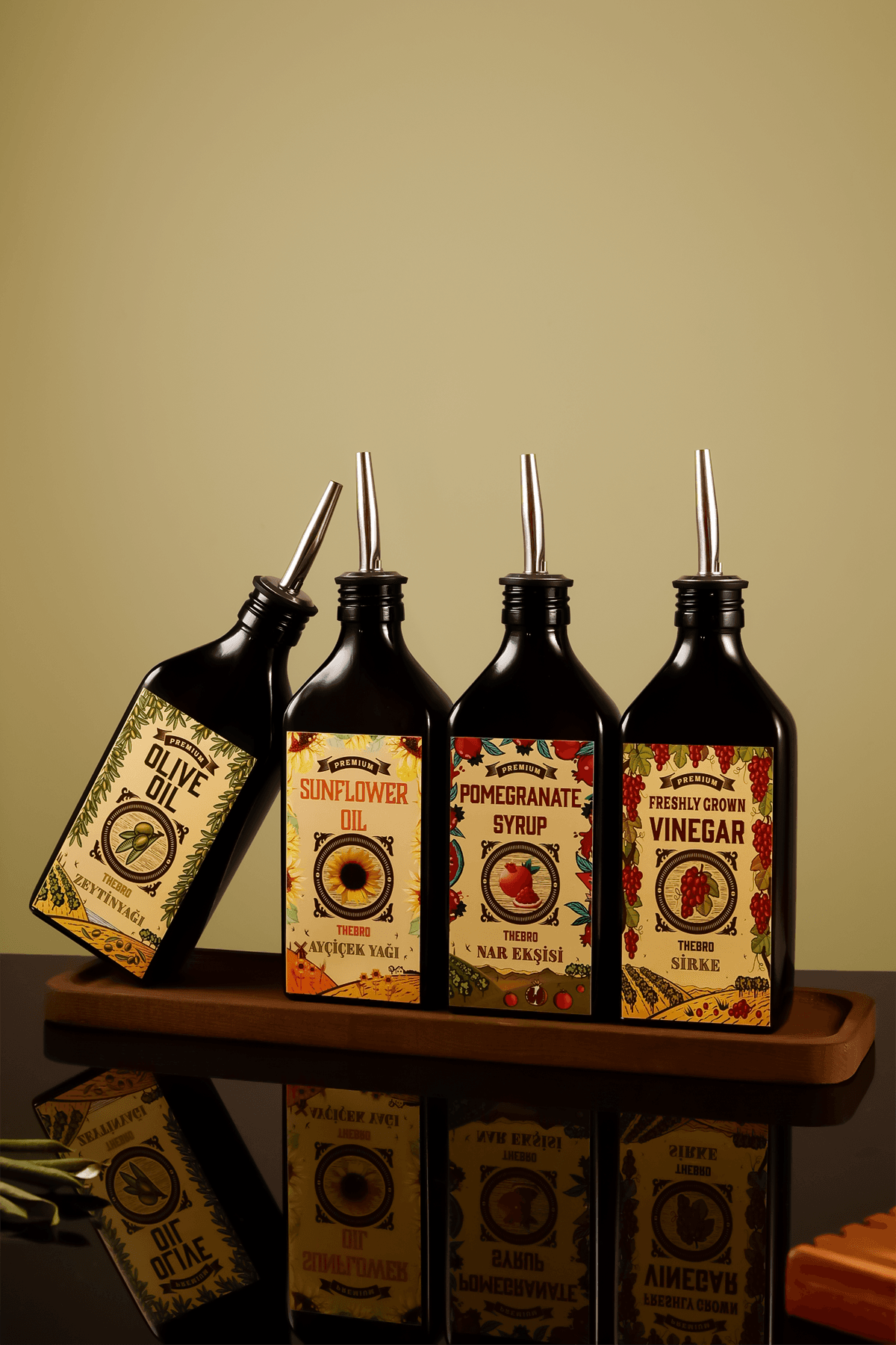 250ML Carmen Serisi Ahşap Stantlı Zeytinyağı,Ayçiçek Yağı, Nar Ekşisi, Sirke Şişesi Set 