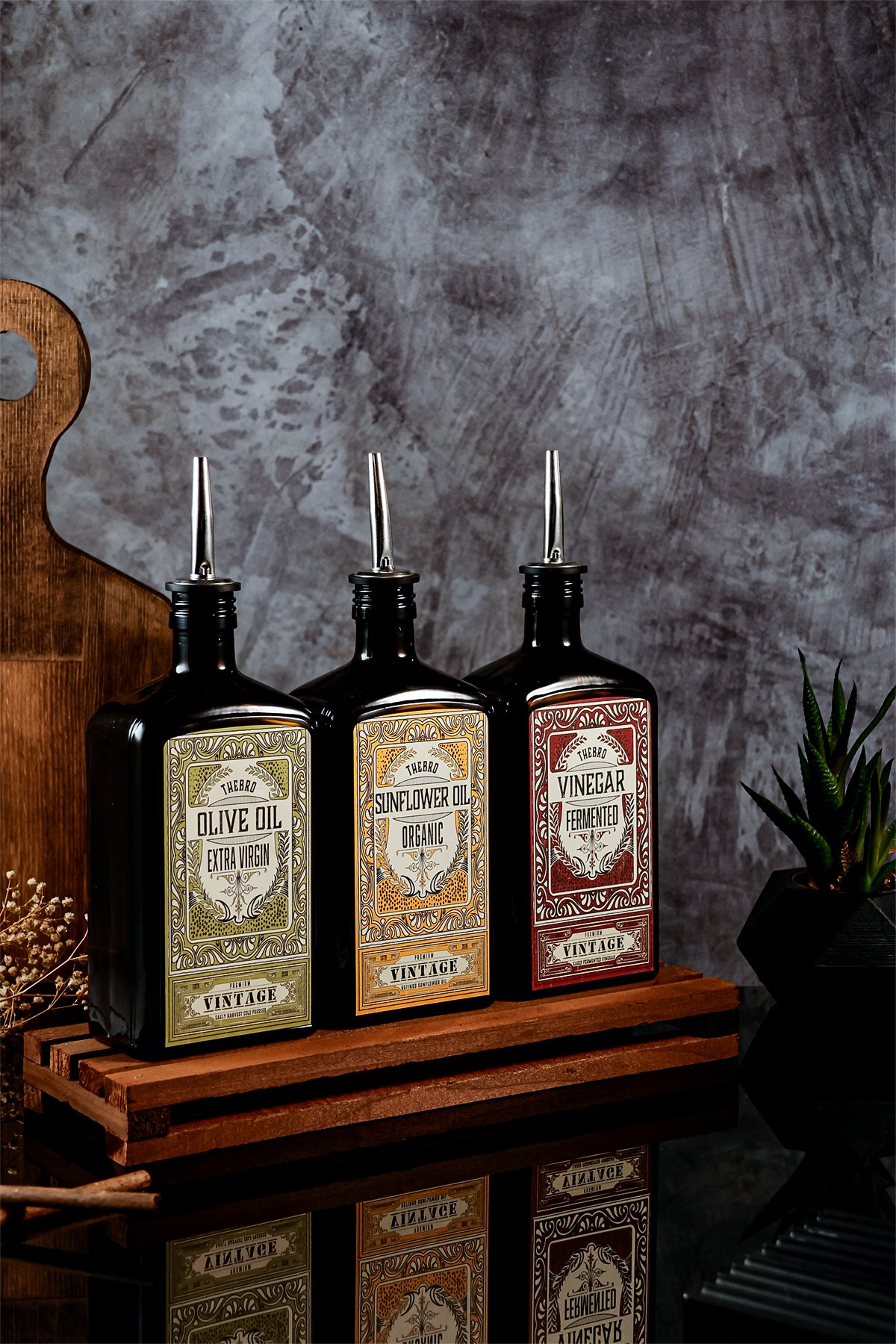 500ML Ahşap Stantlı New Premium Zeytinyağı,Ayçiçekyağı ve Sirke Şişesi 3'lü Set 