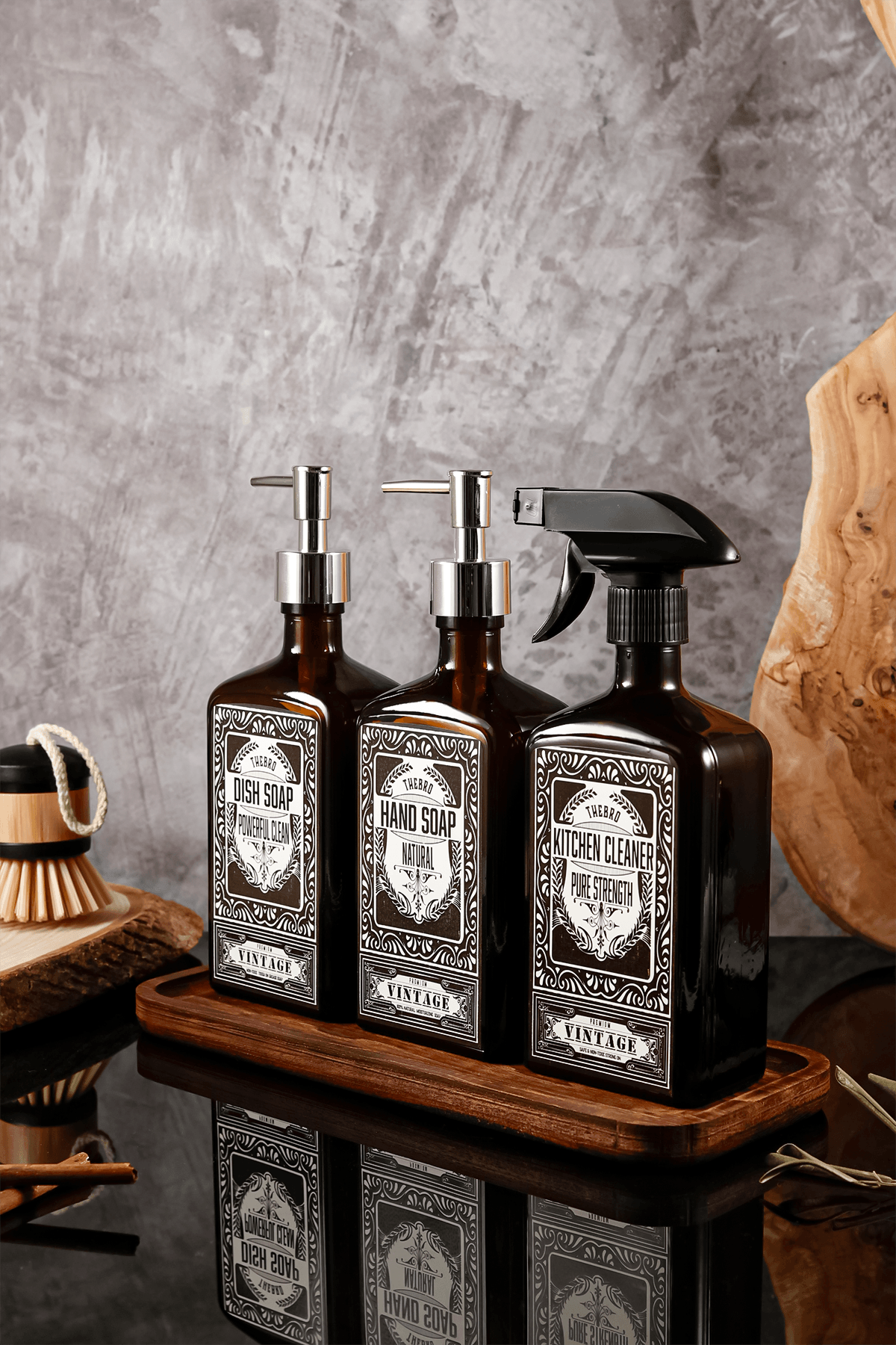 500ML Ahşap Stantlı New Premium El Sabunu,Bulaşık Deterjanı, Mutfak Temizleyicisi Şişesi Set