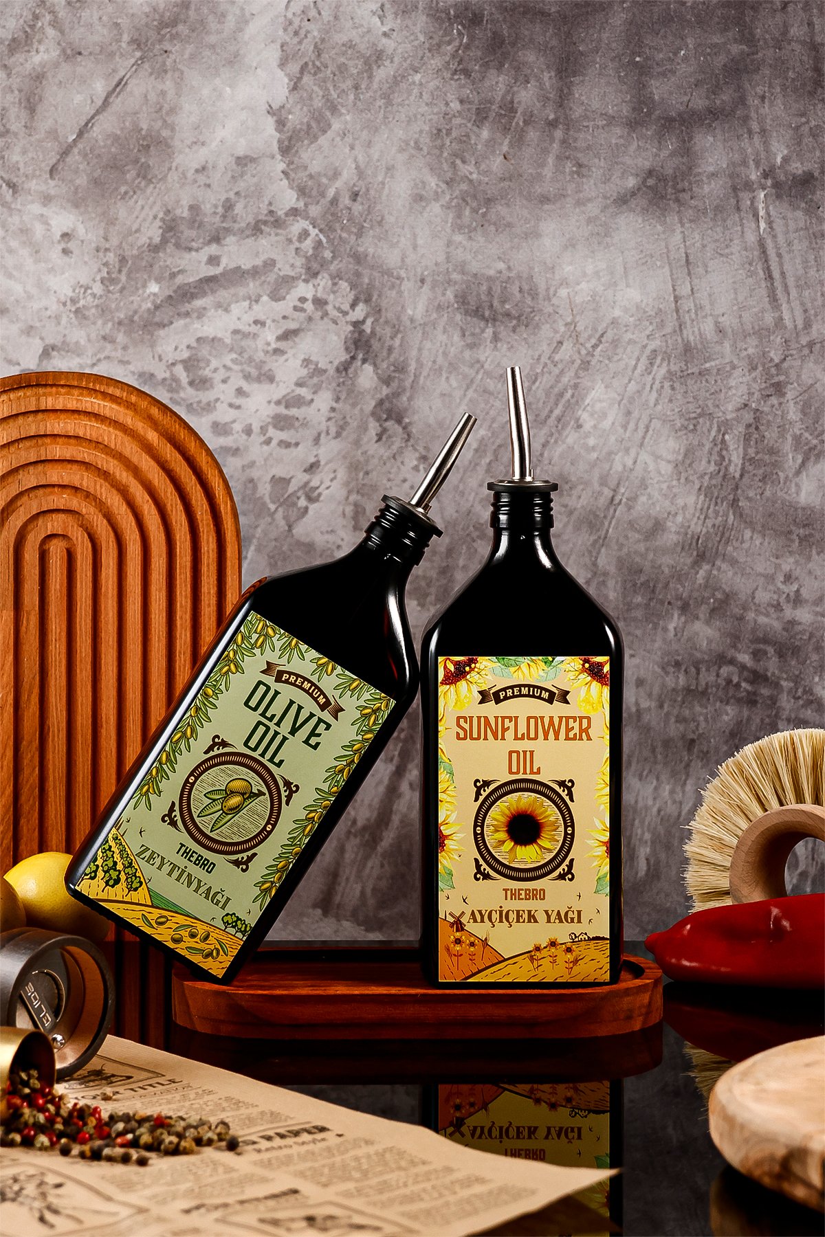 500ML Ahşap Stantlı Carmen Serisi Zeytinyağı Şişesi ve Ayçiçek Yağı Şişesi Set 