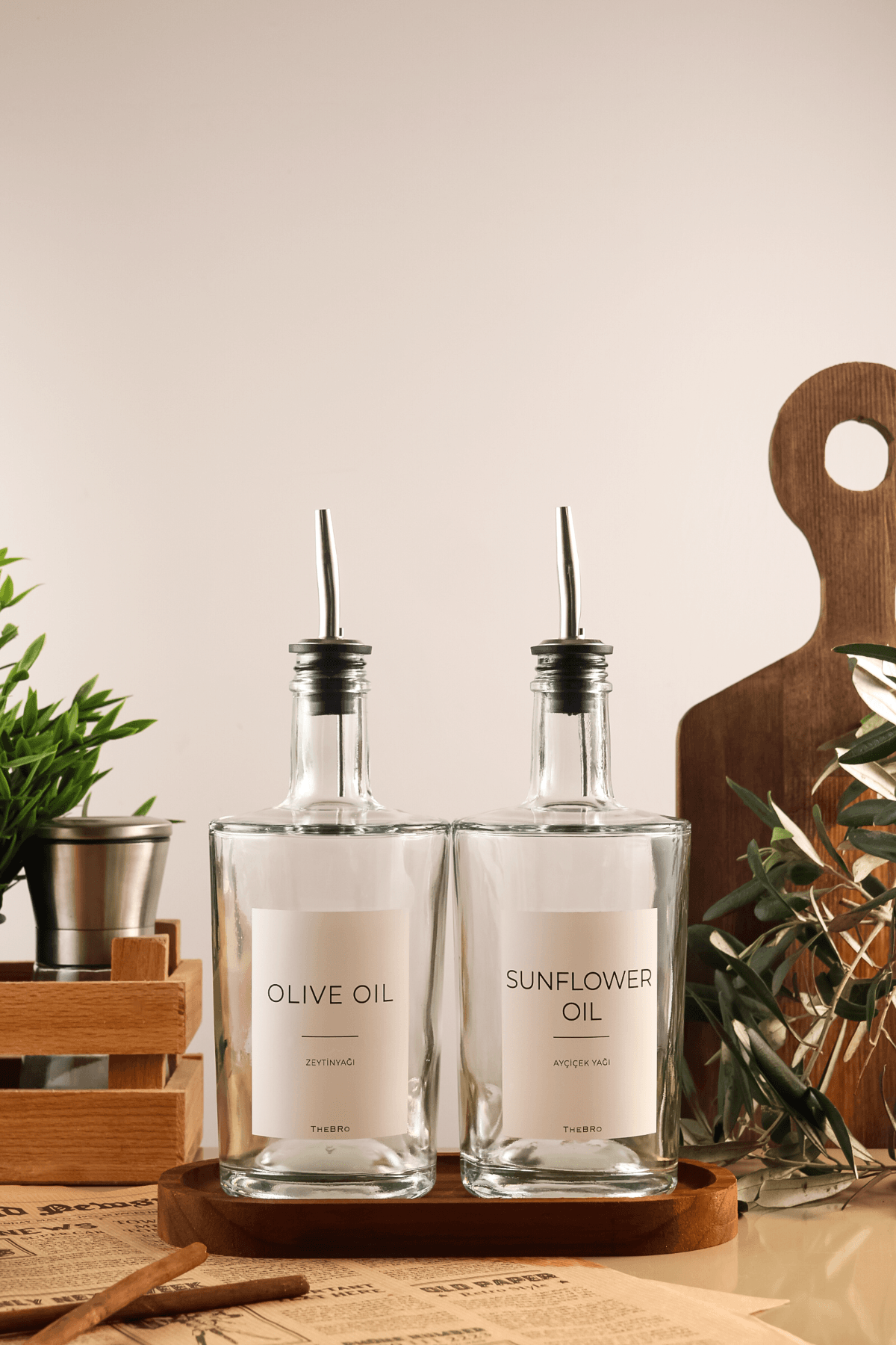 500ML Platinum Serisi Ahşap Stantlı Zeytinyağı ve Ayçiçek Yağı Şişesi 