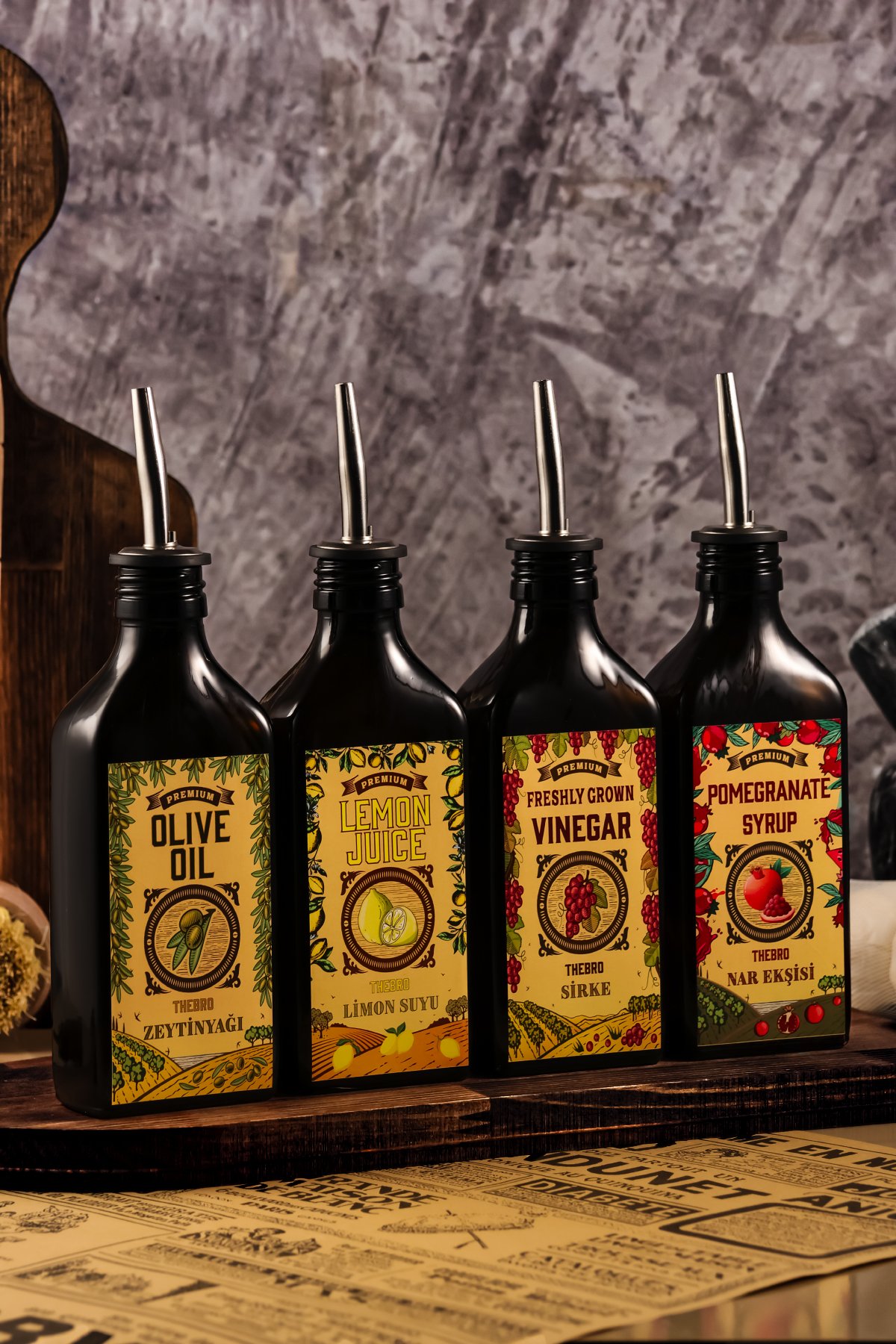 200ML Carmen Serisi Amber Renkli Parlak Metal Şişe Dökücülü Zeytinyağı,Sirke,Limon,Nar Ekşisi Şişesi 4'lü Set