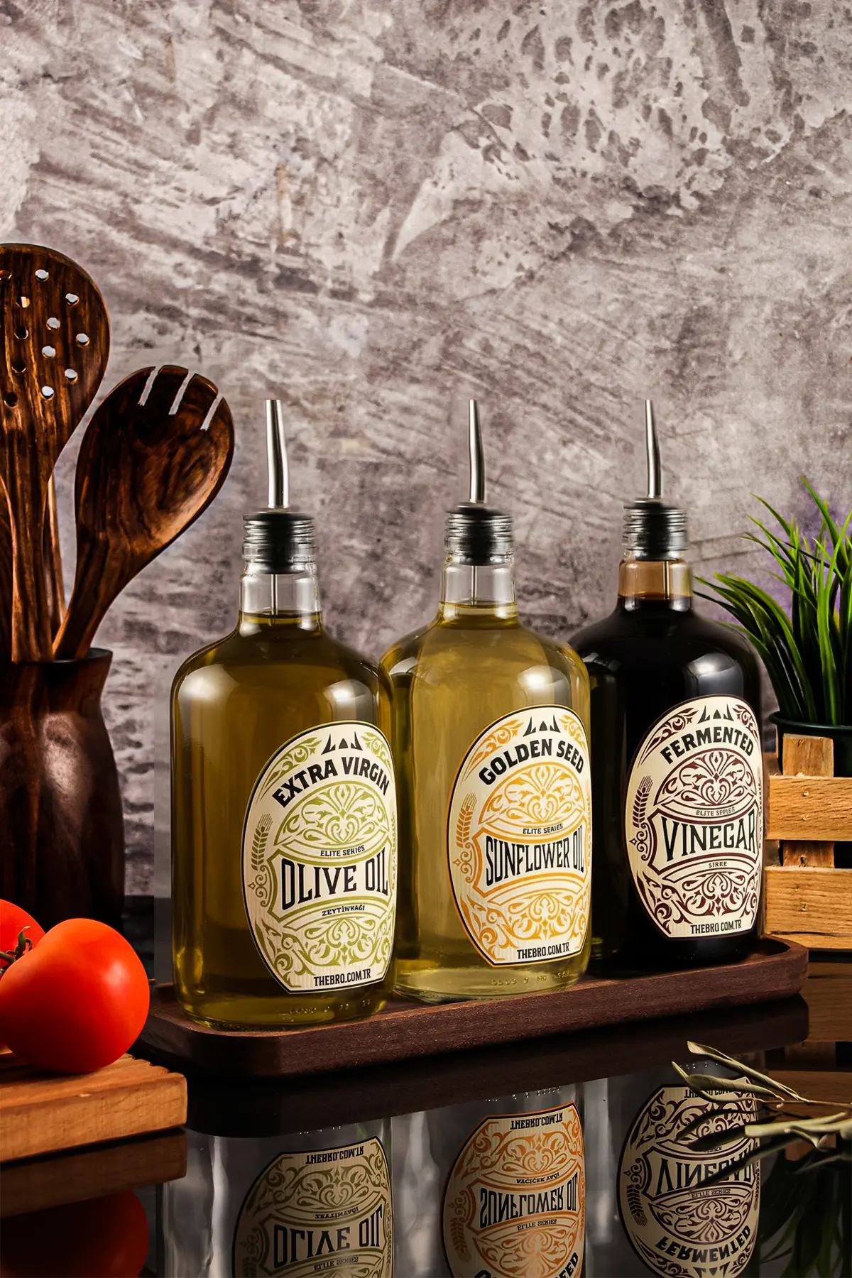 750ML Ahşap Stantlı Elite Serisi Zeytinyağı,Ayçiçek ve Sirke Şişesi