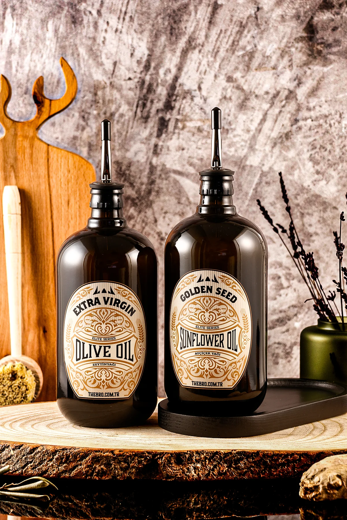 750ML Mat Siyah Ahşap Stantlı Elite Serisi Zeytinyağı Şişesi ve Ayçiçek Yağı Şişesi Yağdanlık