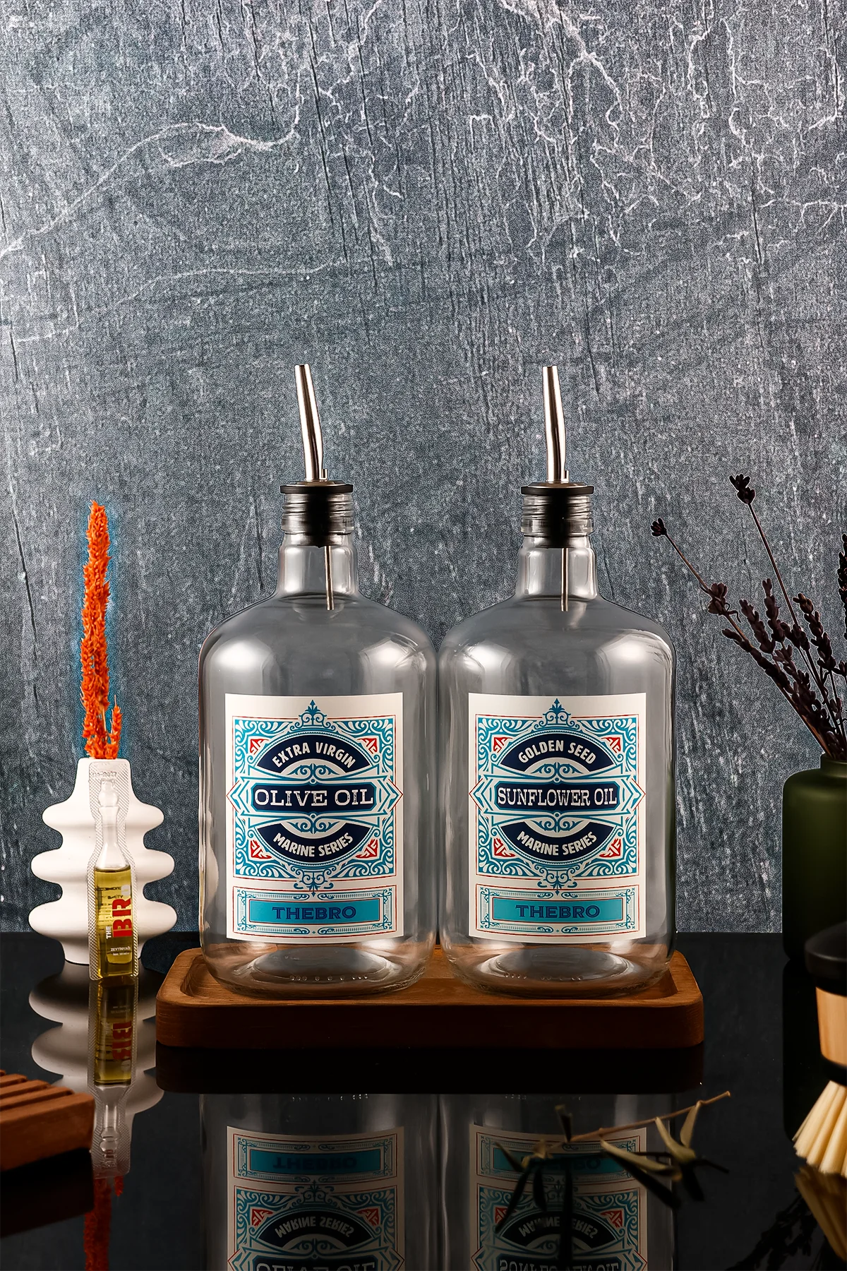1 Litre Marine Serisi Ahşap Stantlı Şeffaf Zeytinyağı Şişes ve Ayçiçek Yağı Şişesi