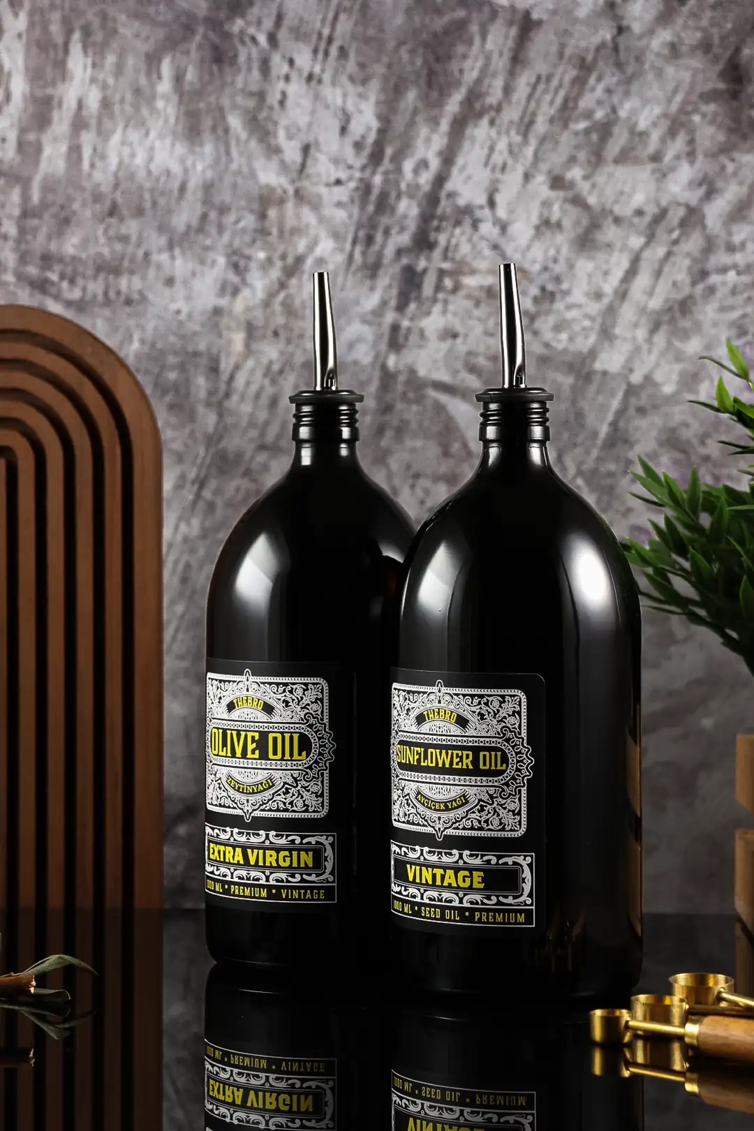 1 Litre Vintage Black Edition Mat Siyah Ahşap Stantlı Zeytinyağı Şişes