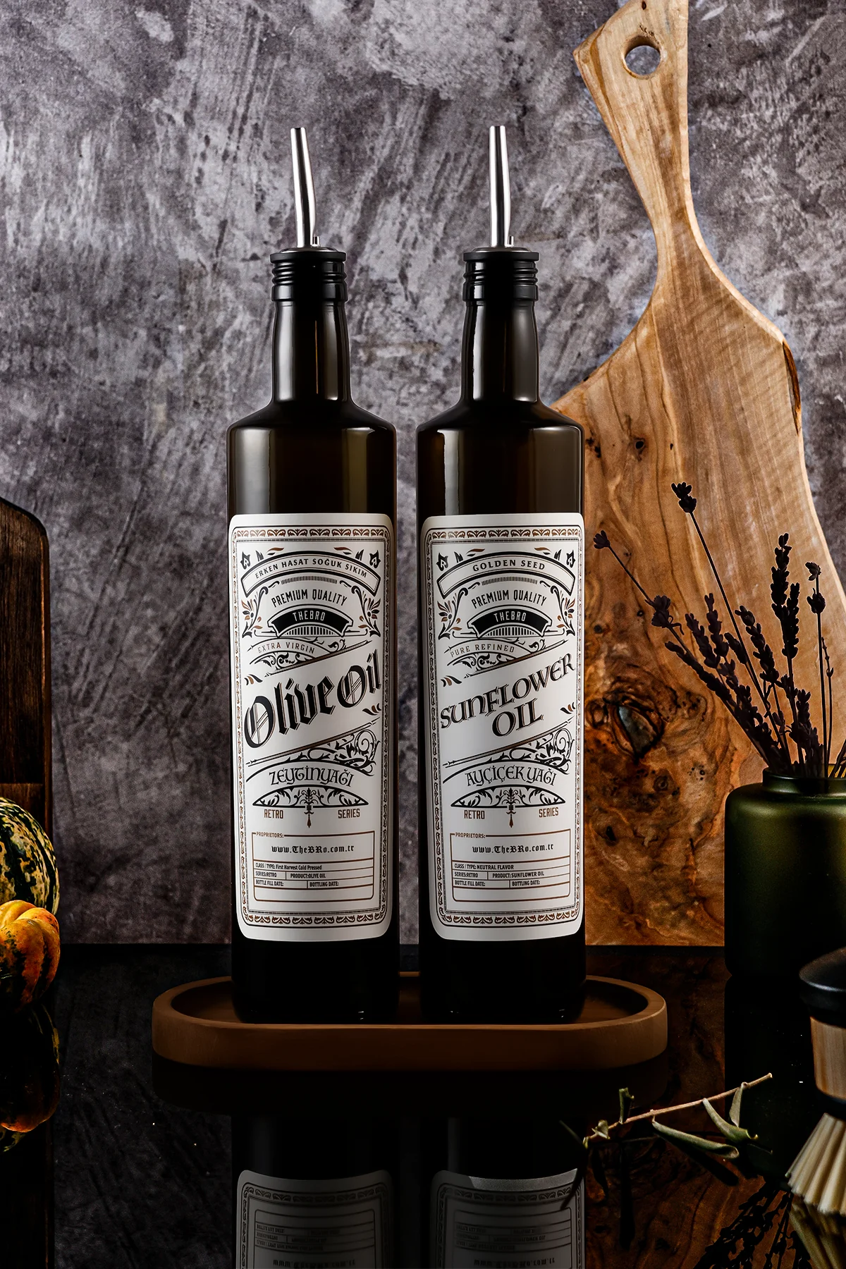 750ML Retro Serisi Ahşap Stantlı Zeytinyağı Şişesi ve Ayçiçek Yağı Şişesi