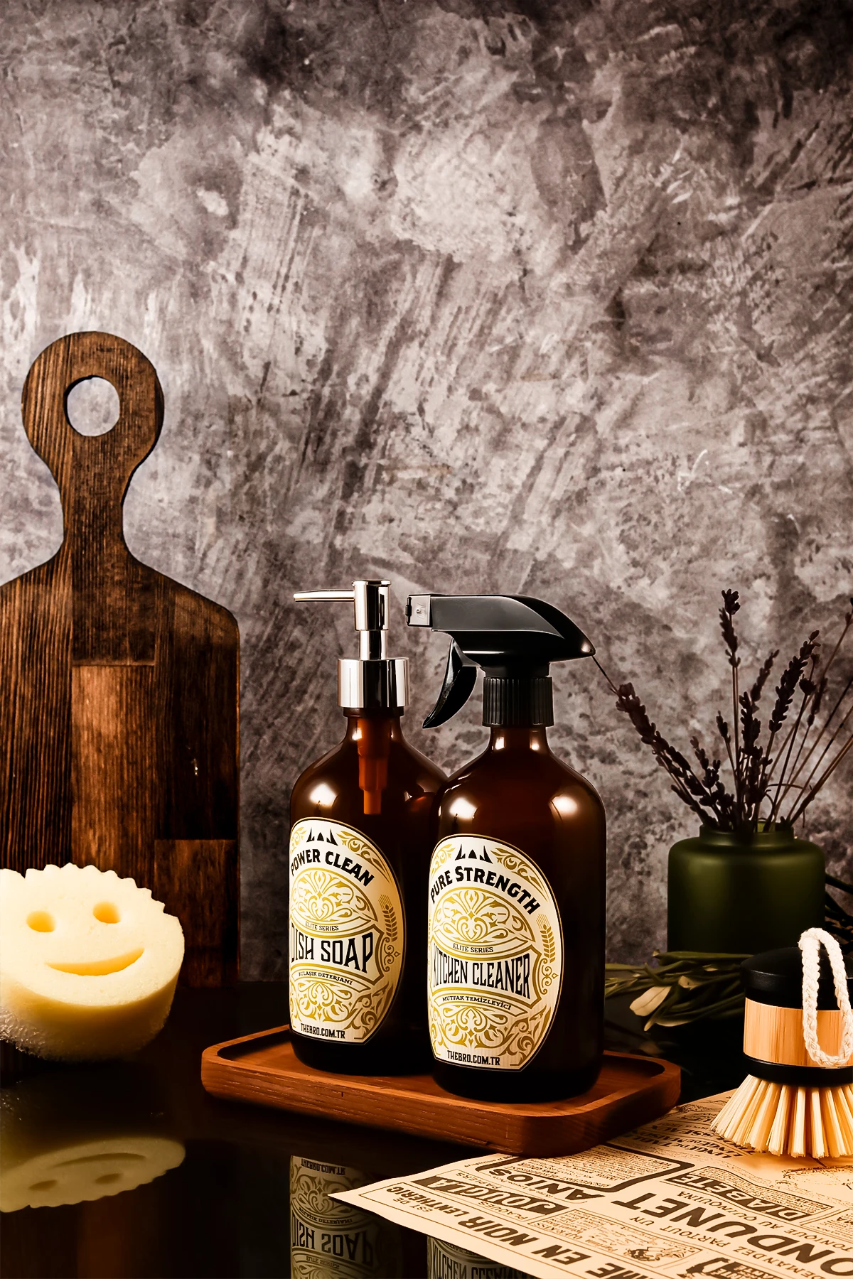 500Ml Ahşap Stantlı Elite Serisi Bulaşık Detarjanı ve Mutfak Temizleyici Sabunluk Seti
