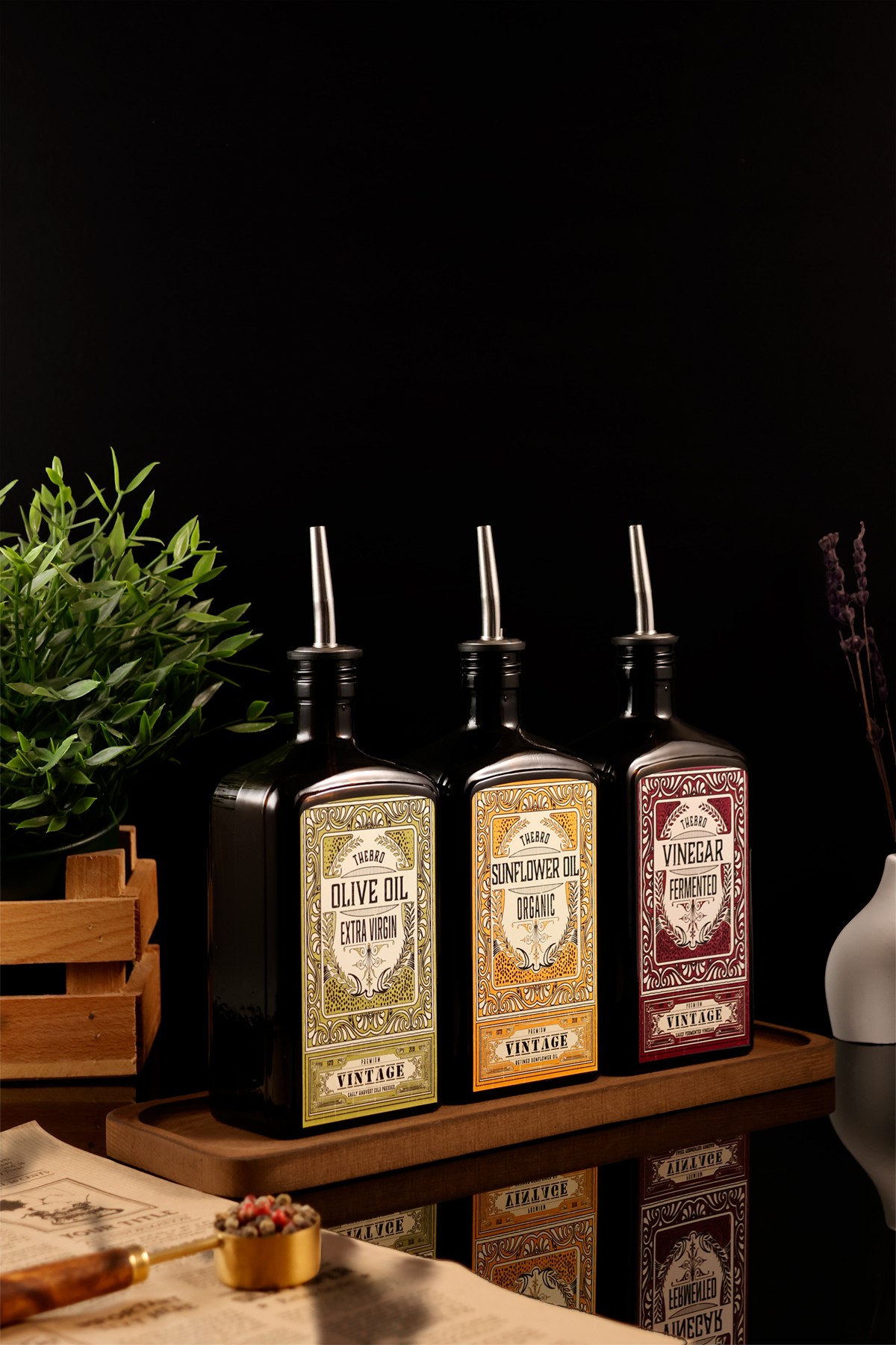 500ML Ahşap Stantlı New Premium Zeytinyağı,Ayçiçekyağı ve Sirke Şişesi 3'lü Set 