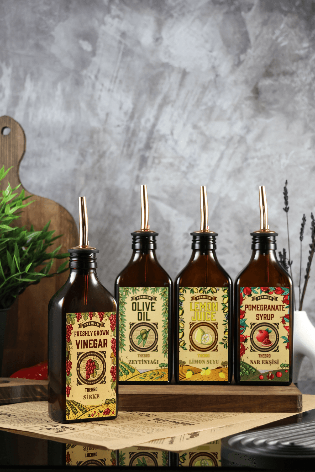 200ML Amber Renkli Carmen Serisi Zeytinyağı,Sirke,Limon,Nar Ekşisi Şişesi 4'lü Set