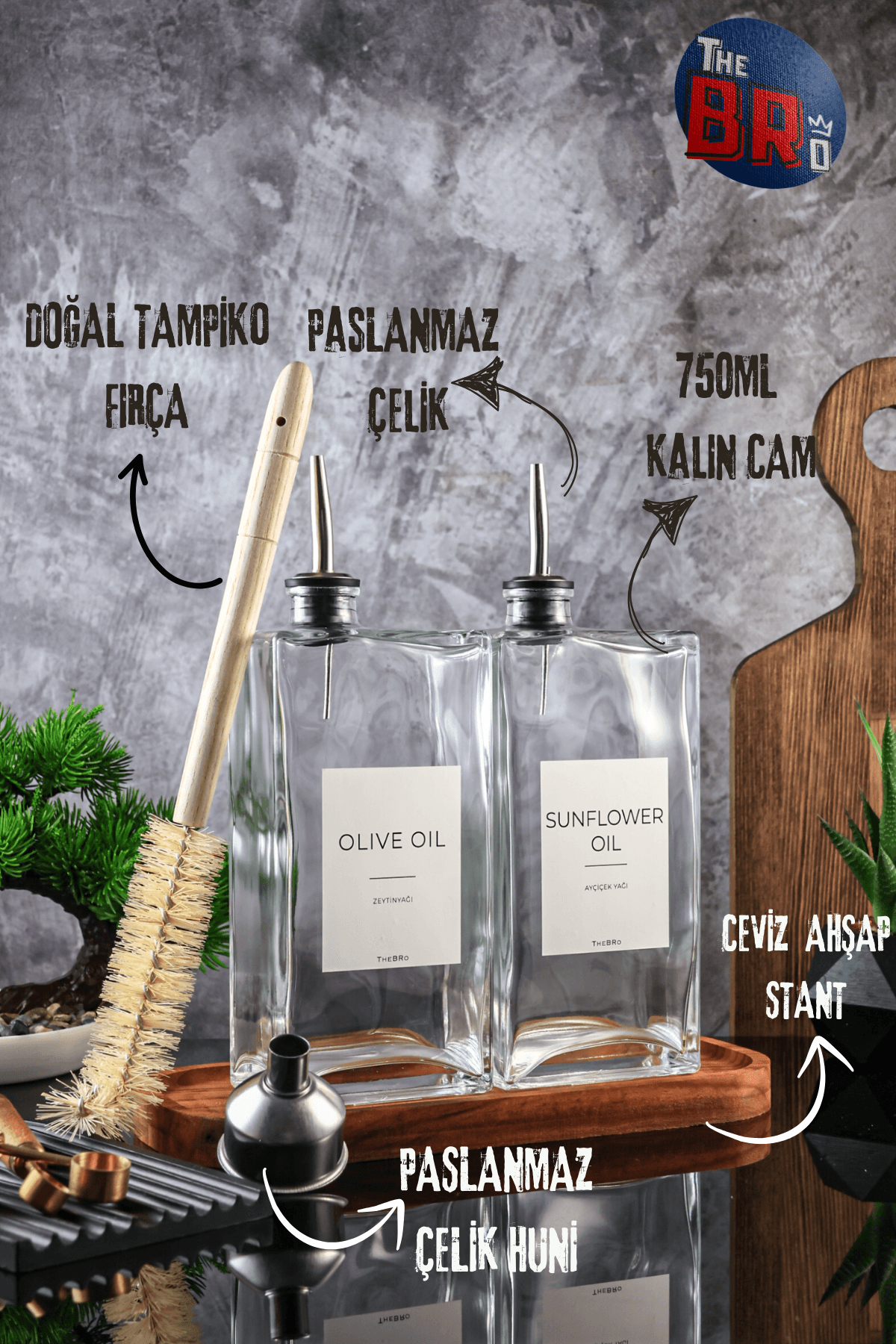 750ML White Serisi Kalın Cam Zeytinyağı Şişesi,Ayçiçek Yağı Şişesi Ceviz Standlı, Fırçalı, Hunili