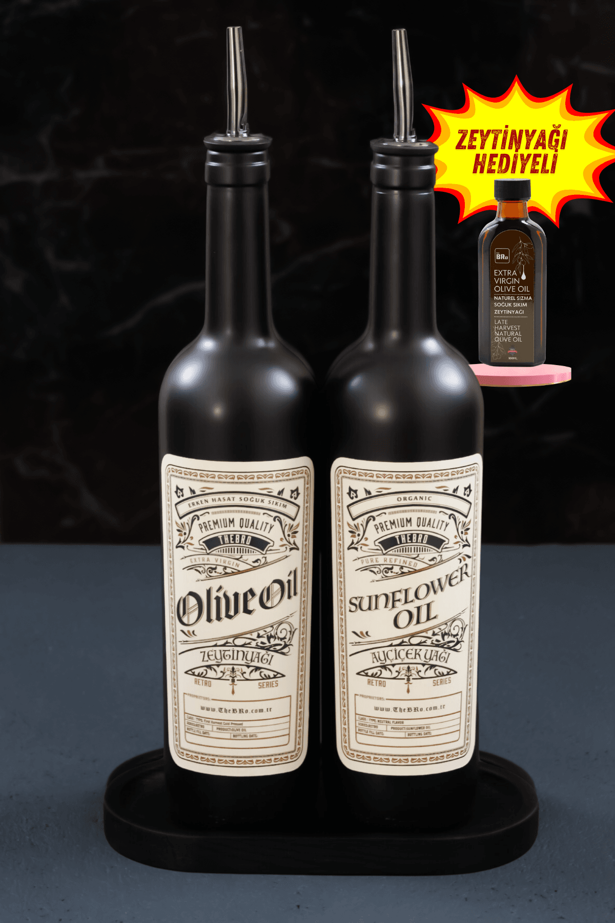 Retro Black Edition 750ml Ahşap Stantlı Zeytinyağı Şişesi Ve Ayçiçek Yağı Şişesi Set