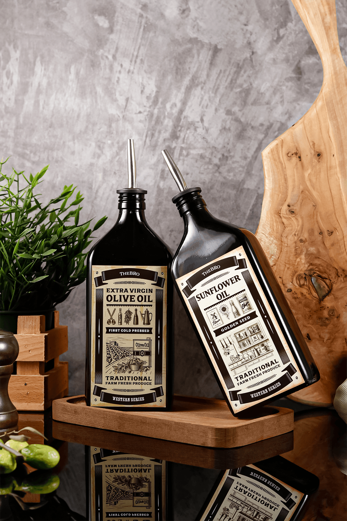 Western Serisi  500ML Amber Ahşap Stantlı Zeytinyağı Şişesi,Ayçiçek Yağı Şişesi Yağdanlık 
