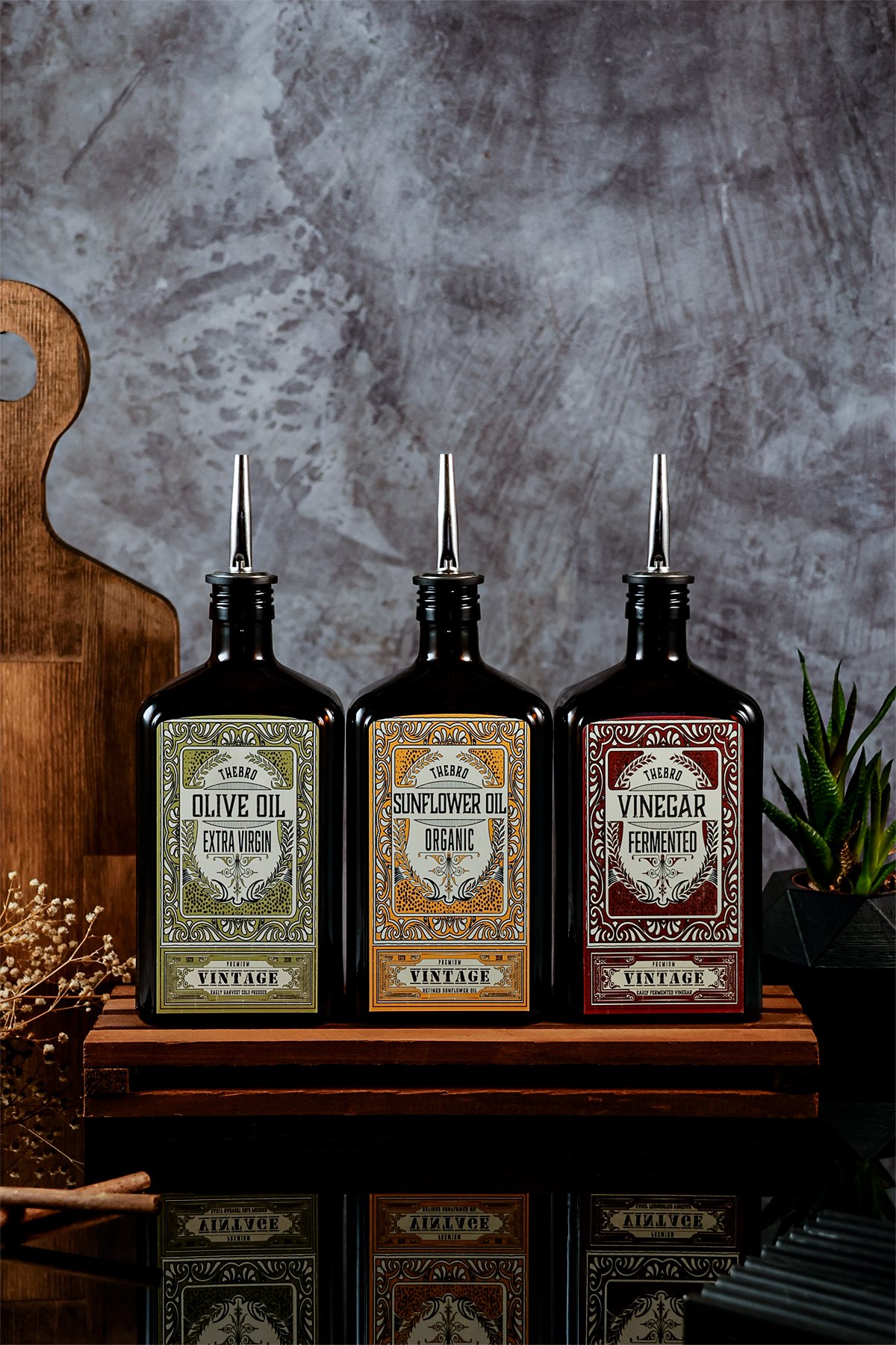 500ML Ahşap Stantlı New Premium Zeytinyağı,Ayçiçekyağı ve Sirke Şişesi 3'lü Set 
