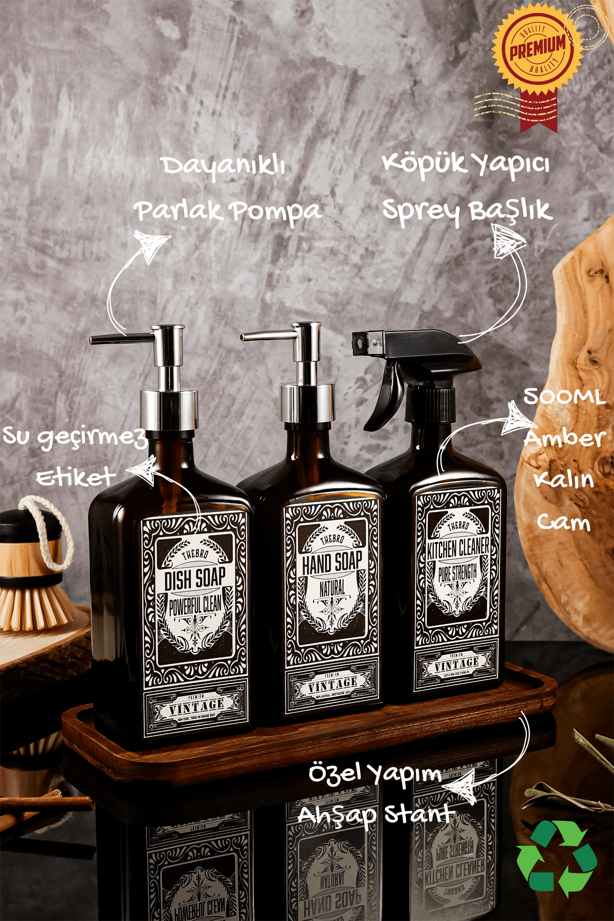 500ML Ahşap Stantlı New Premium El Sabunu,Bulaşık Deterjanı, Mutfak Temizleyicisi Şişesi Set