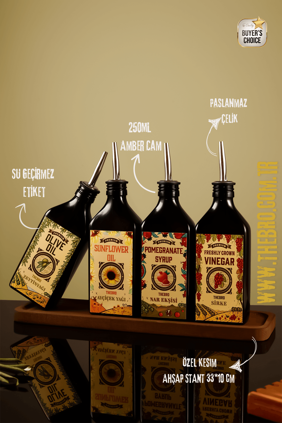 250ML Carmen Serisi Ahşap Stantlı Zeytinyağı,Ayçiçek Yağı, Nar Ekşisi, Sirke Şişesi Set 