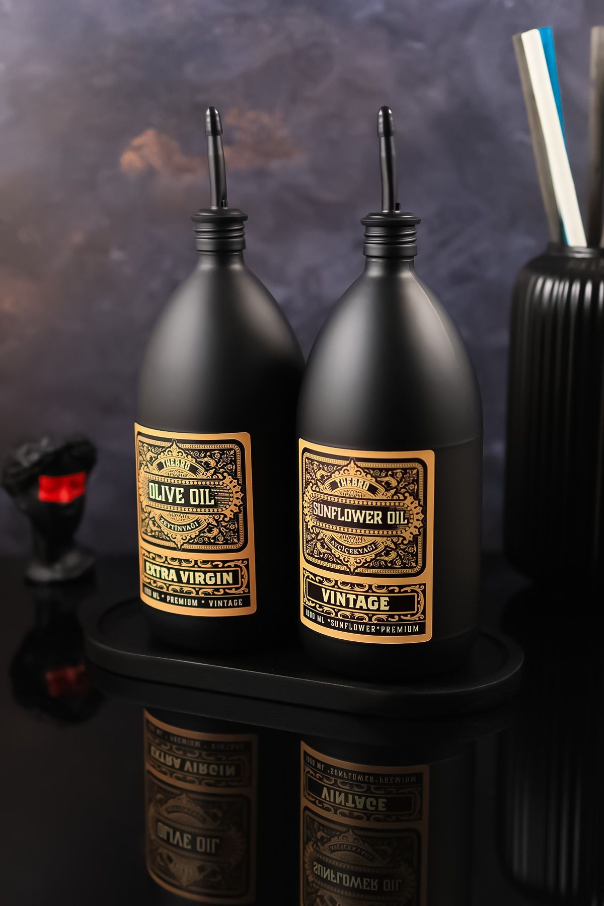 1 Litre Vintage Black Edition Mat Siyah Ahşap Stantlı Zeytinyağı Şişesi Ayçiçek Yağı Şişesi