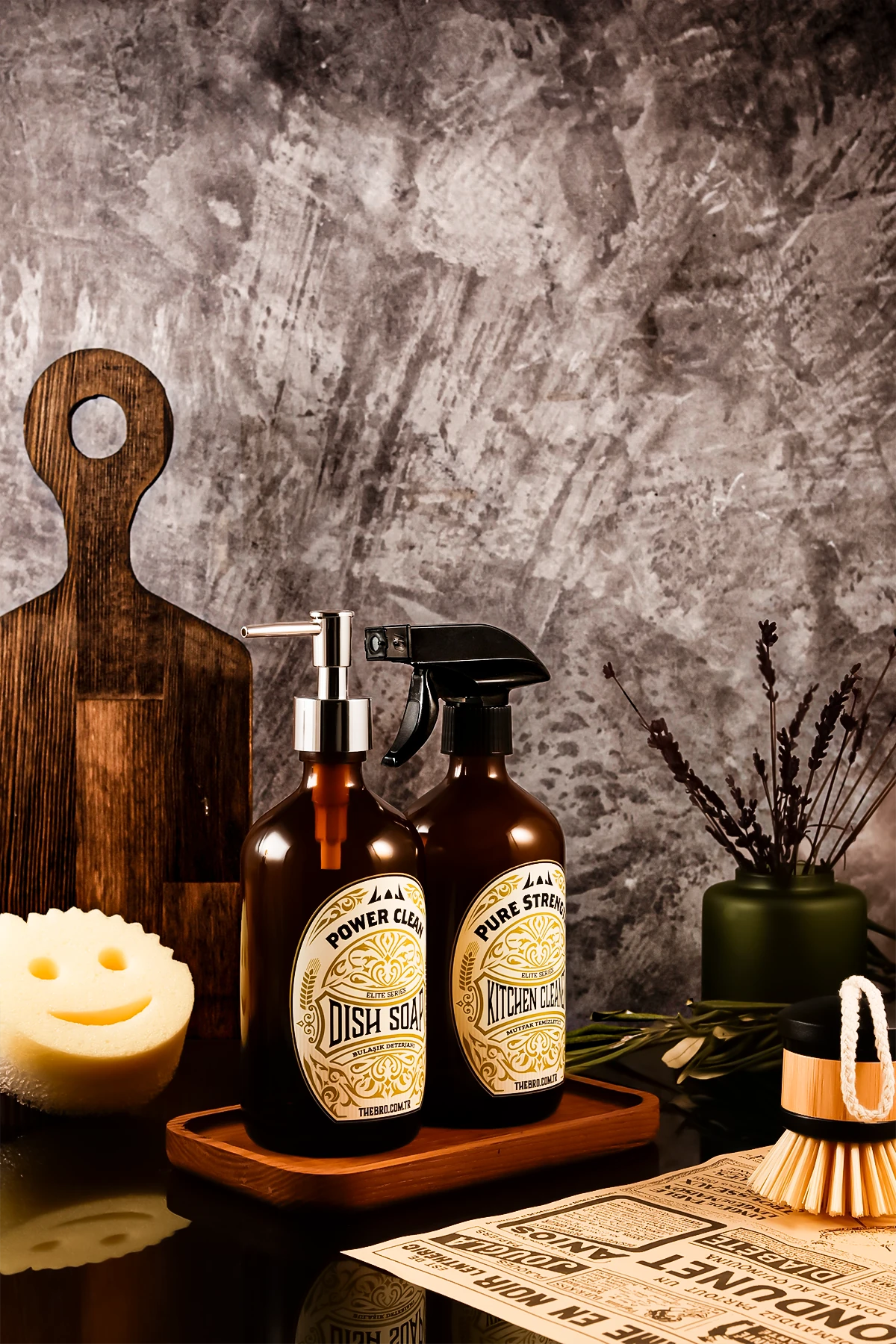 500Ml Ahşap Stantlı Elite Serisi Bulaşık Detarjanı ve Mutfak Temizleyici Sabunluk Seti