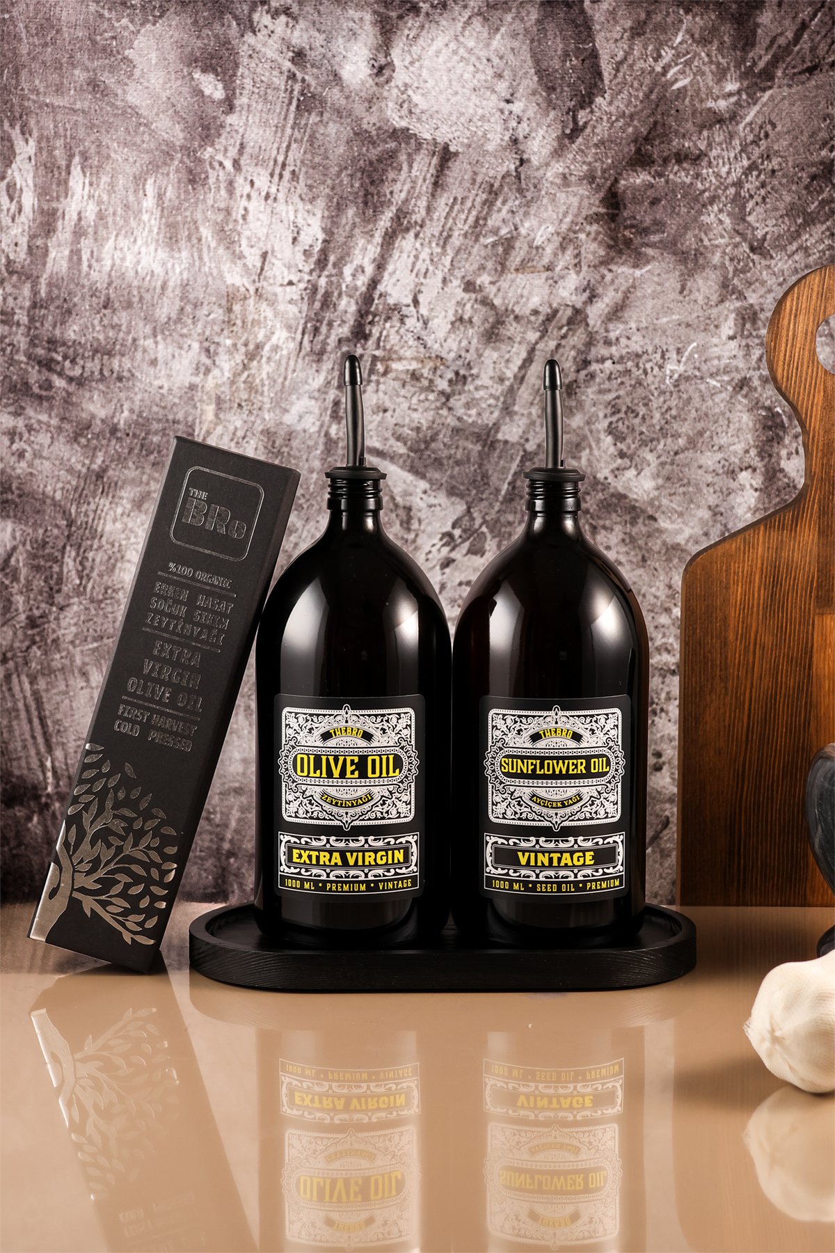 1Lt Special Edition Mat Siyah Ahşap Stantlı Vintage Yağdanlık 250ML Kutulu Zeytinyağı