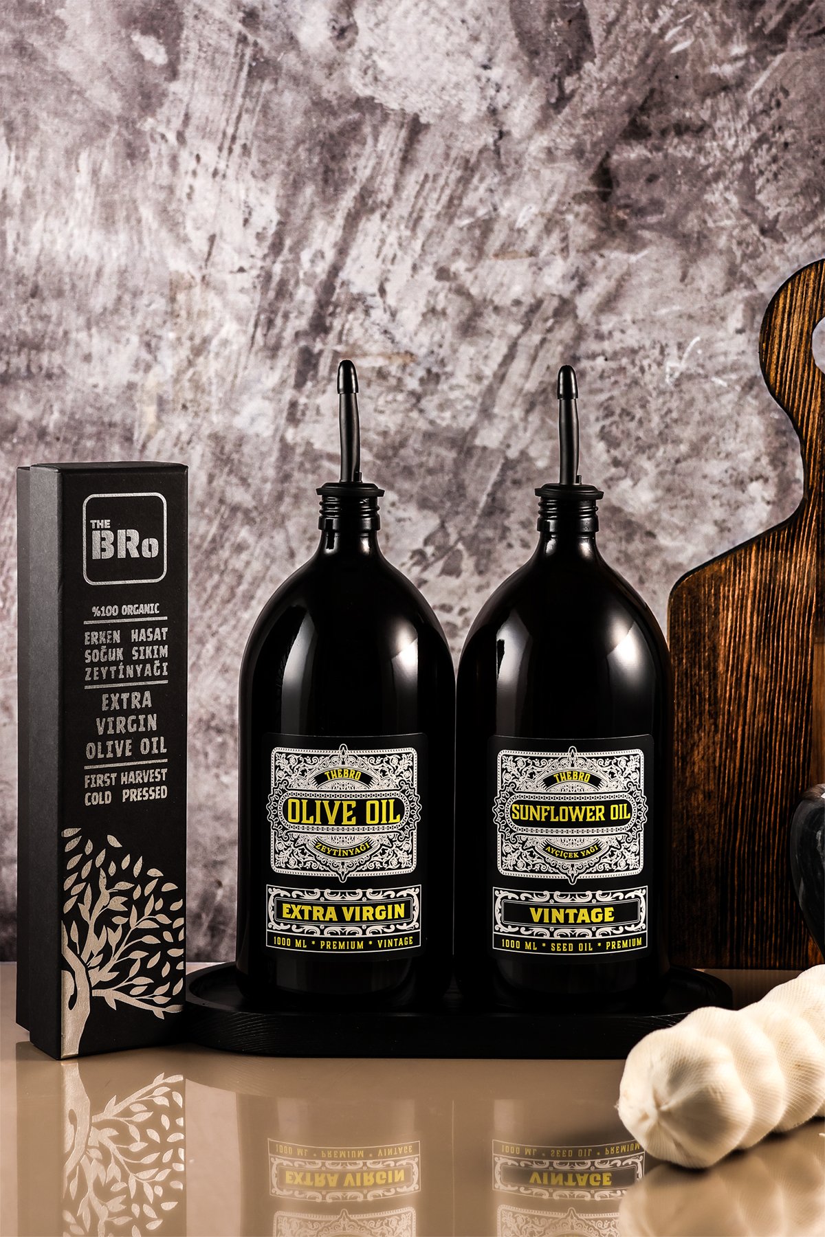 1Lt Special Edition Mat Siyah Ahşap Stantlı Vintage Yağdanlık 250ML Kutulu Zeytinyağı