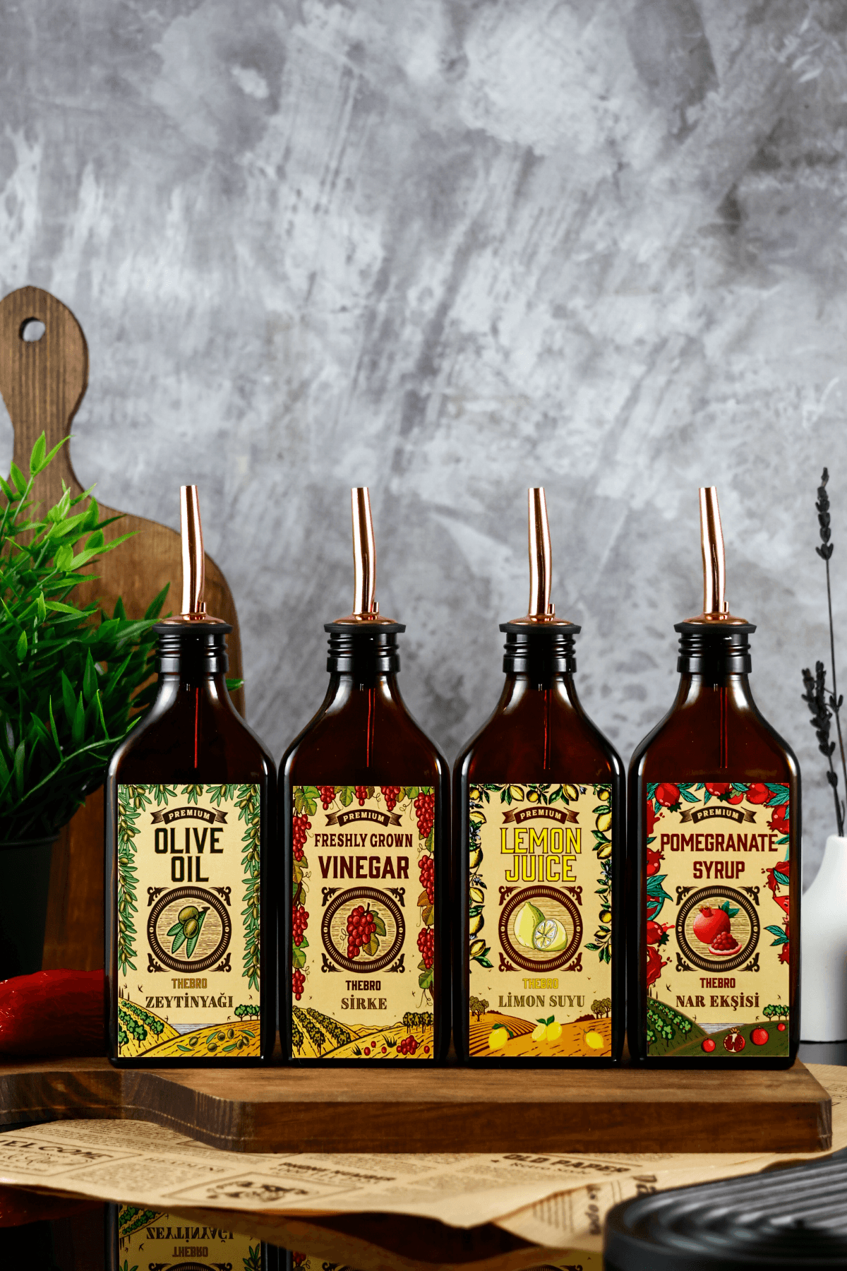 200ML Amber Renkli Carmen Serisi Zeytinyağı,Sirke,Limon,Nar Ekşisi Şişesi 4'lü Set